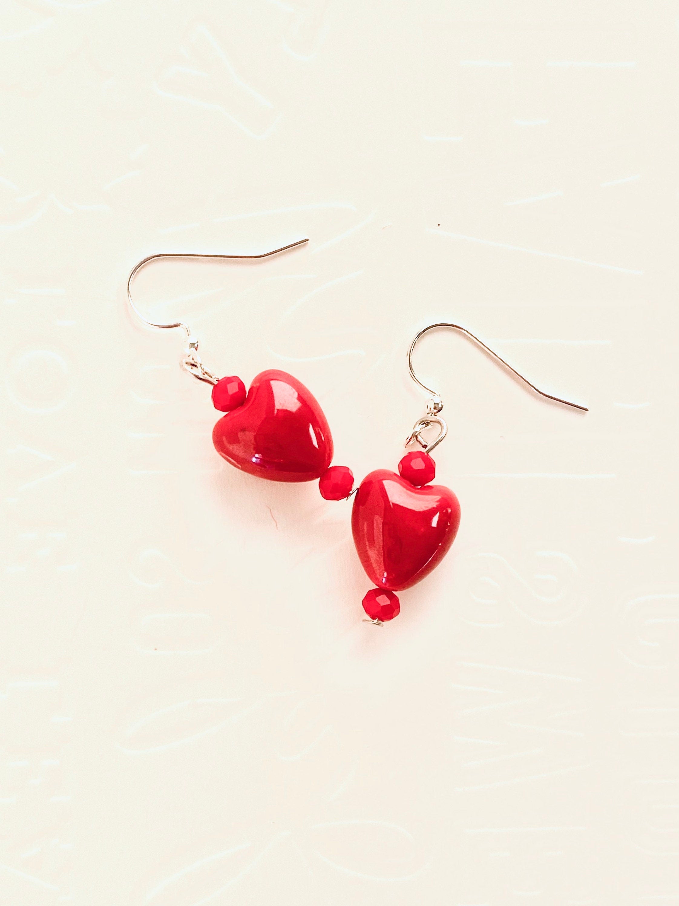 Red Glass Heart Earrings, Silver Plated Hooks, Czech Crystal Festive Jewelry