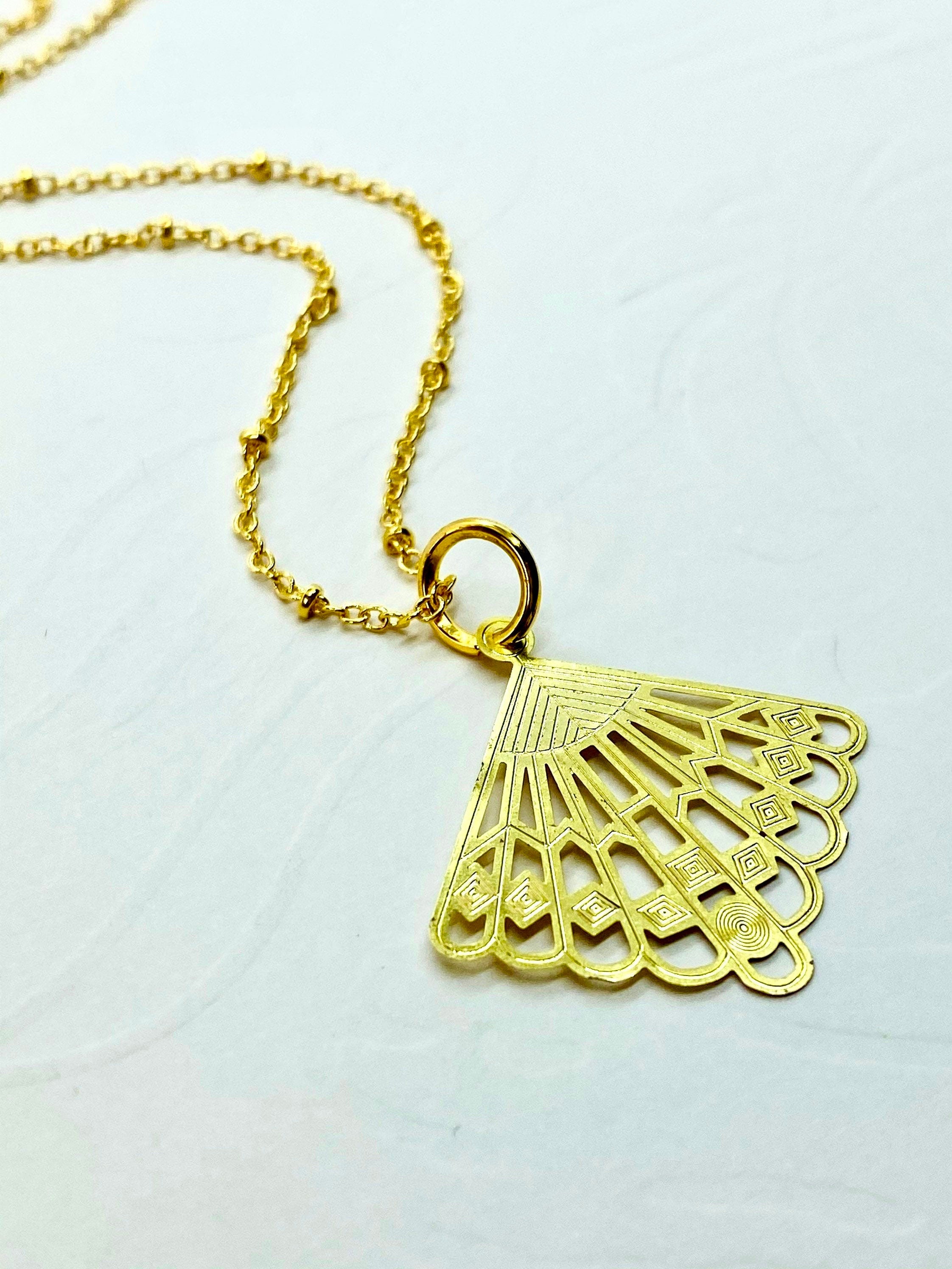 Gold Plated Filigree Fan Necklace, Elegant Gift for Her