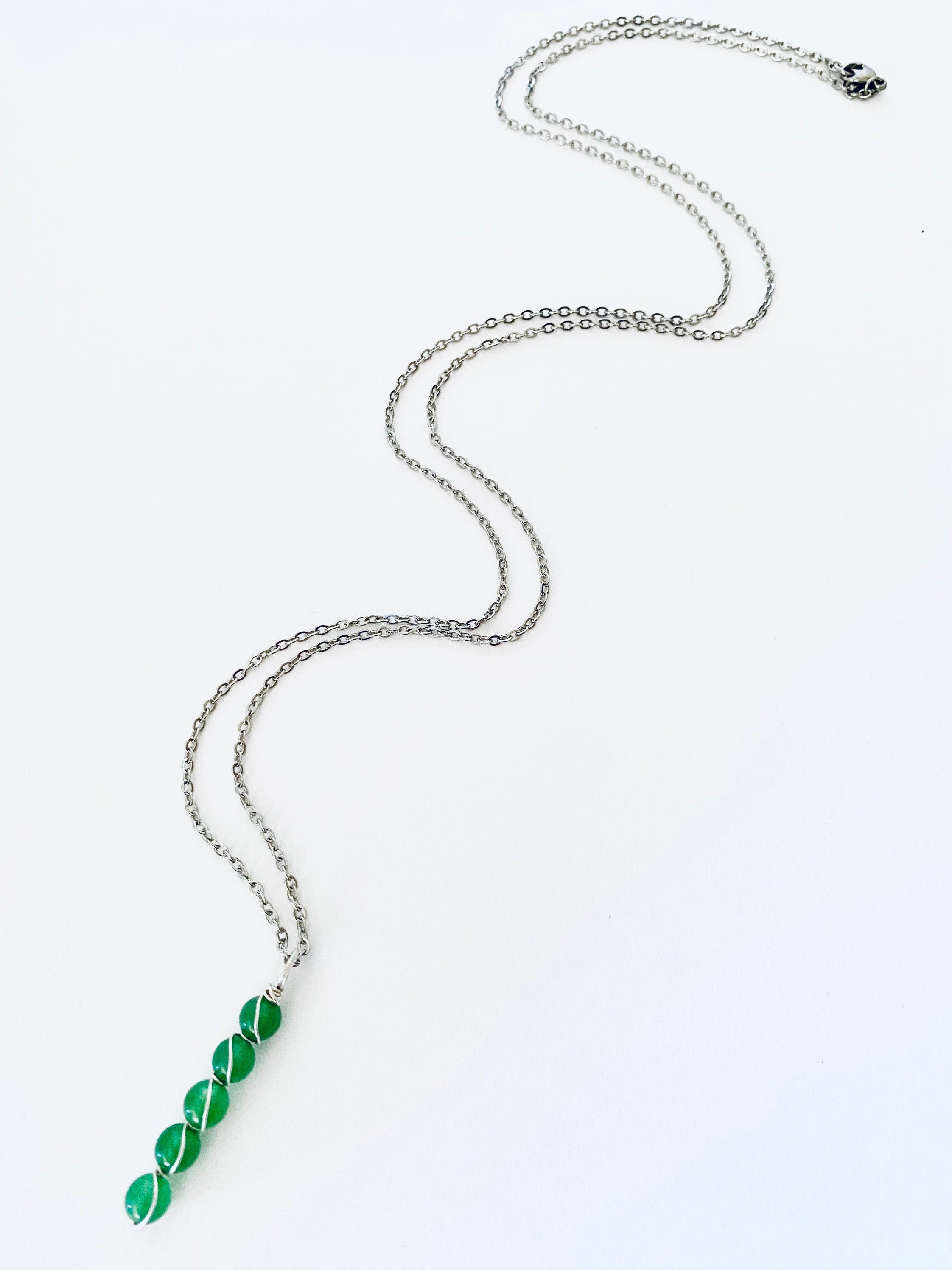 Green Jade Gemstone Necklace, Sterling Silver Wire Wrapped, Spiritual Jewelry