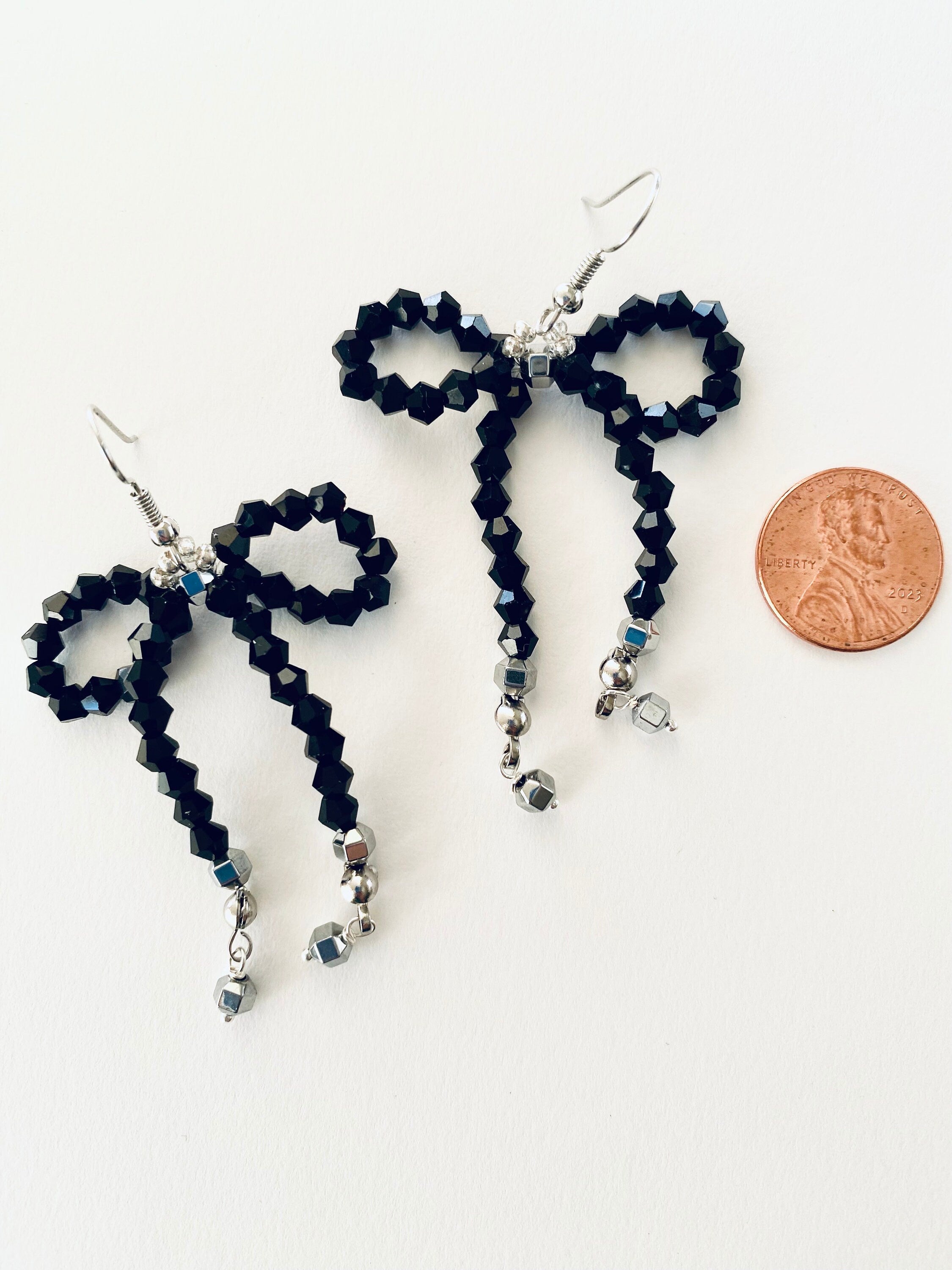 Black Crystal Bow Earrings, Silver Plated Hooks, Beaded Festive Jewelry