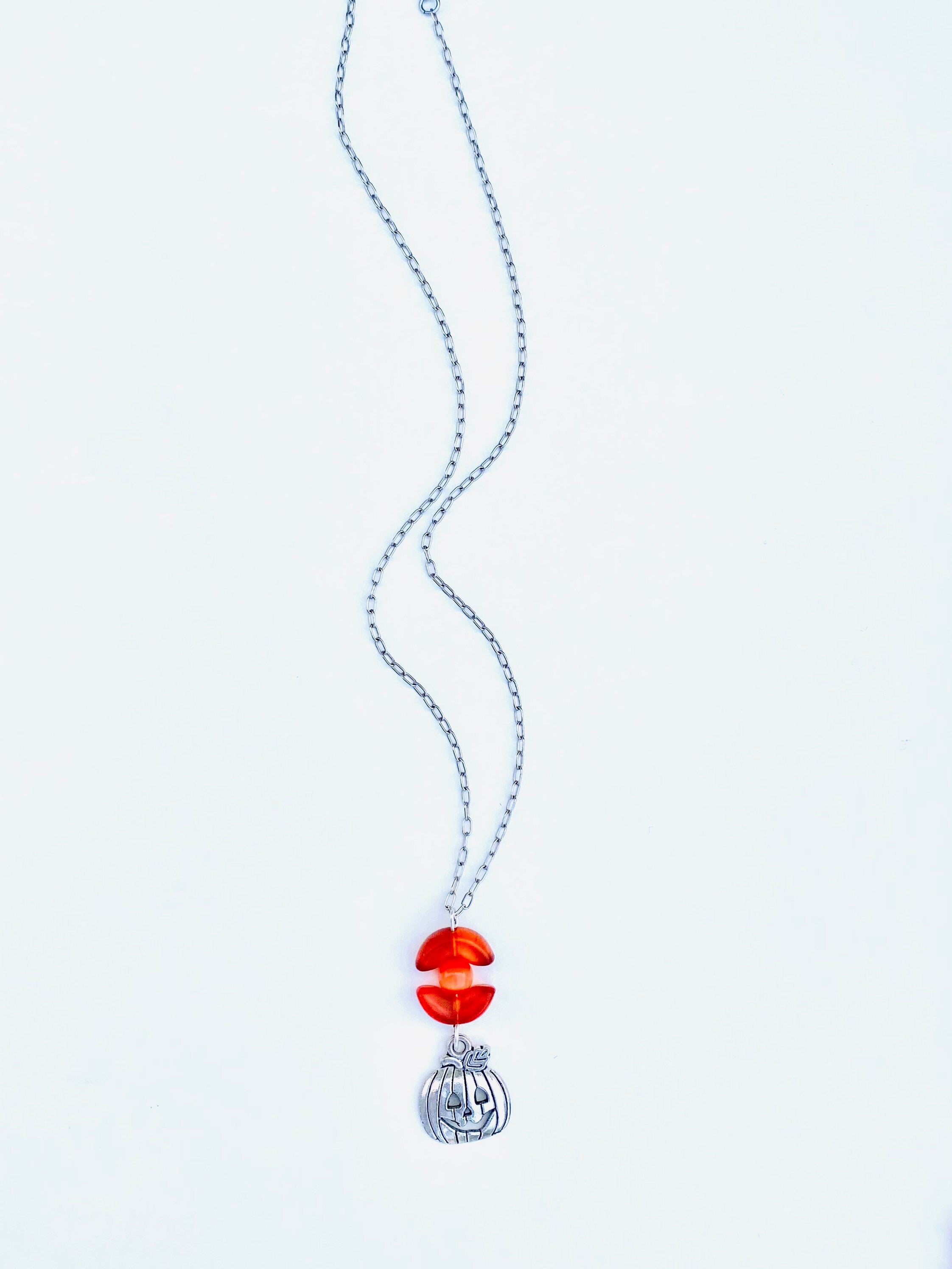 Festive Halloween Pumpkin Pendant Necklace, Orange Beads, Silver Plated Chain