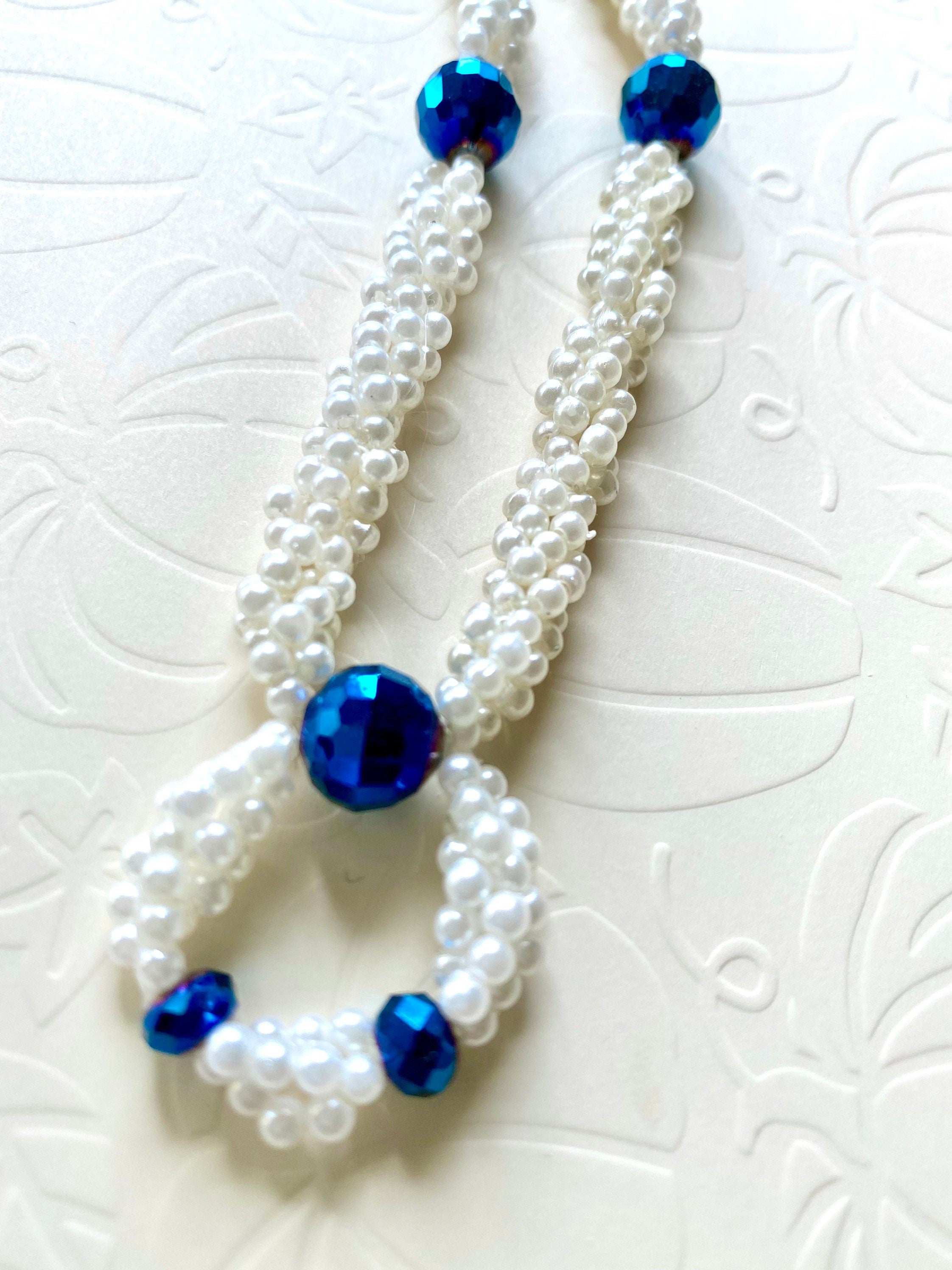 Spiral Beaded Necklace, Iridescent Blue, White Pearl Acrylic