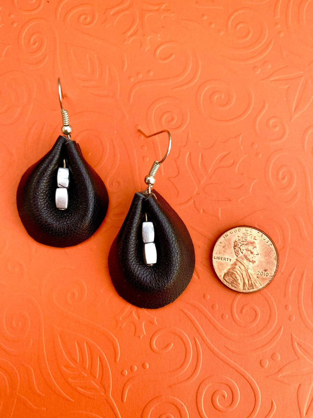 Black leather earrings, teardrop leather earrings, Fall leather earrings, black and silver leather earrings, sexy leather, gift ideas, soft