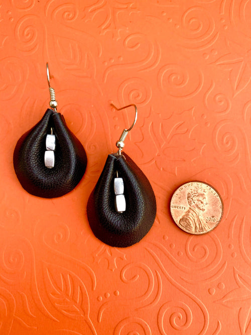 Black leather earrings, teardrop leather earrings, Fall leather earrings, black and silver leather earrings, sexy leather, gift ideas, soft