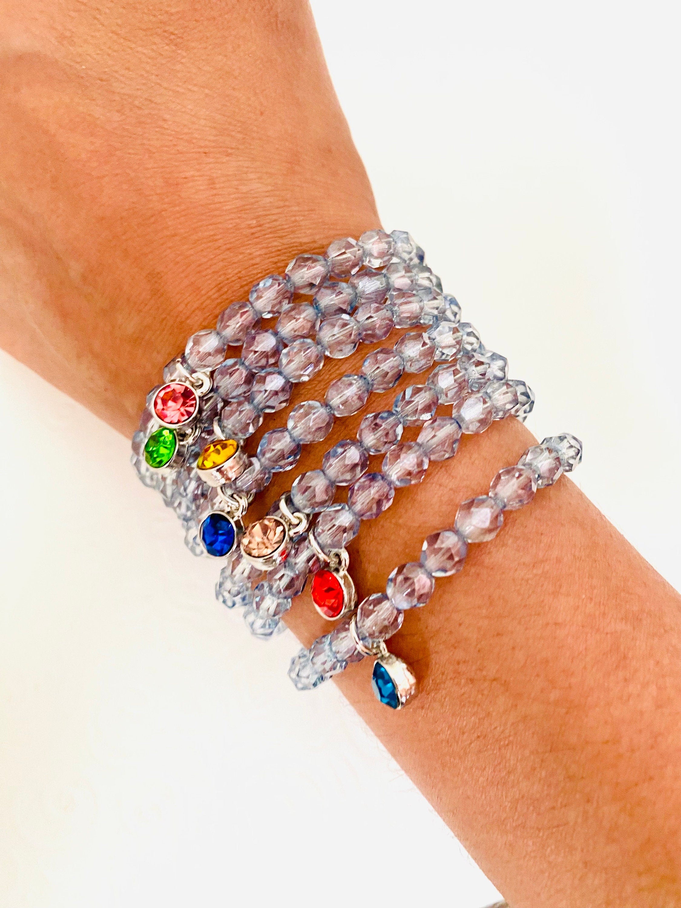 Birthstone Charm Bracelet, Silver Plated Beaded Crystal Bracelet, Birthstone jewelry, gifts for all