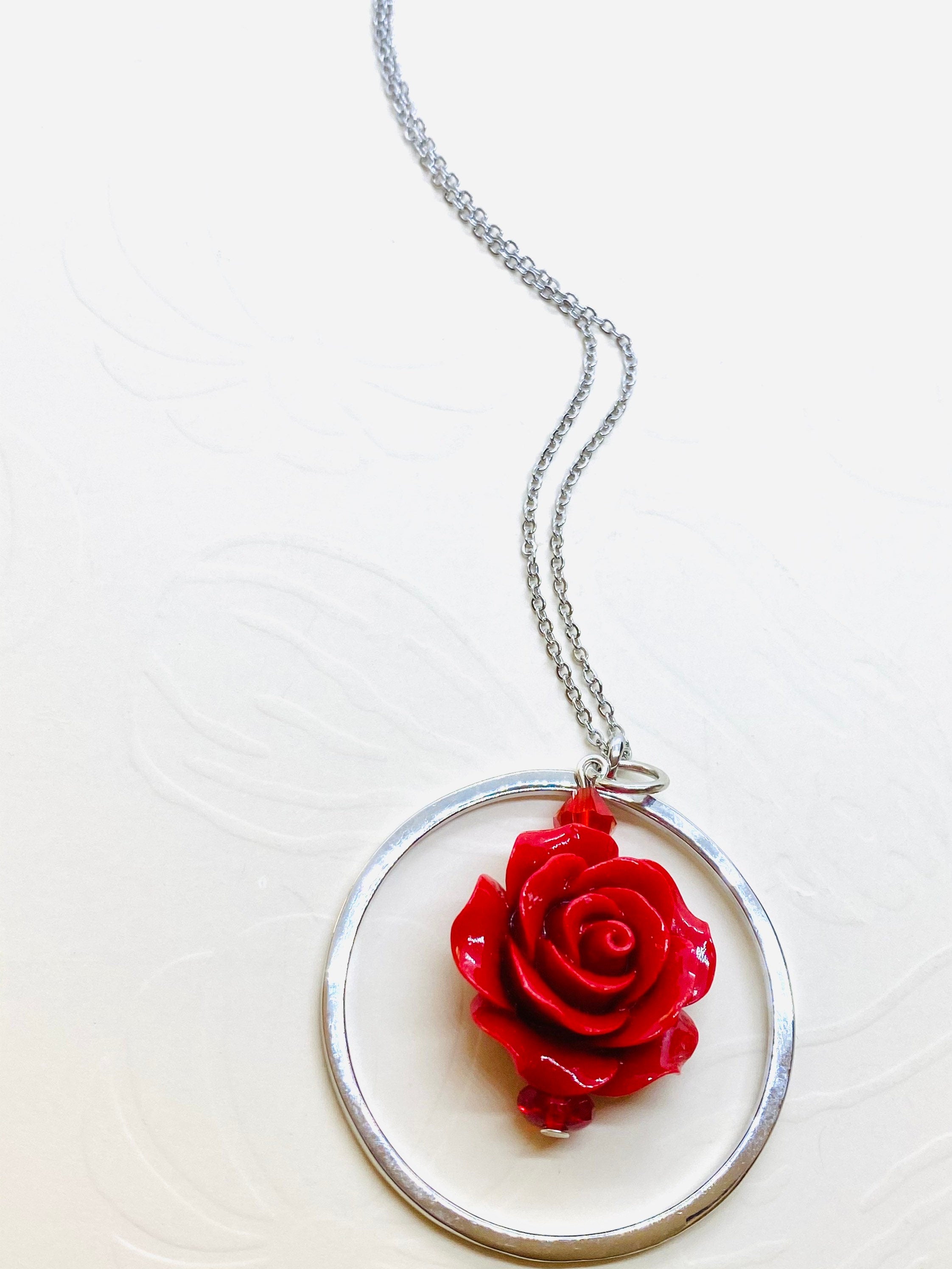 Red Rose Circular Pendant Necklace, Silver Plated, 30 inch