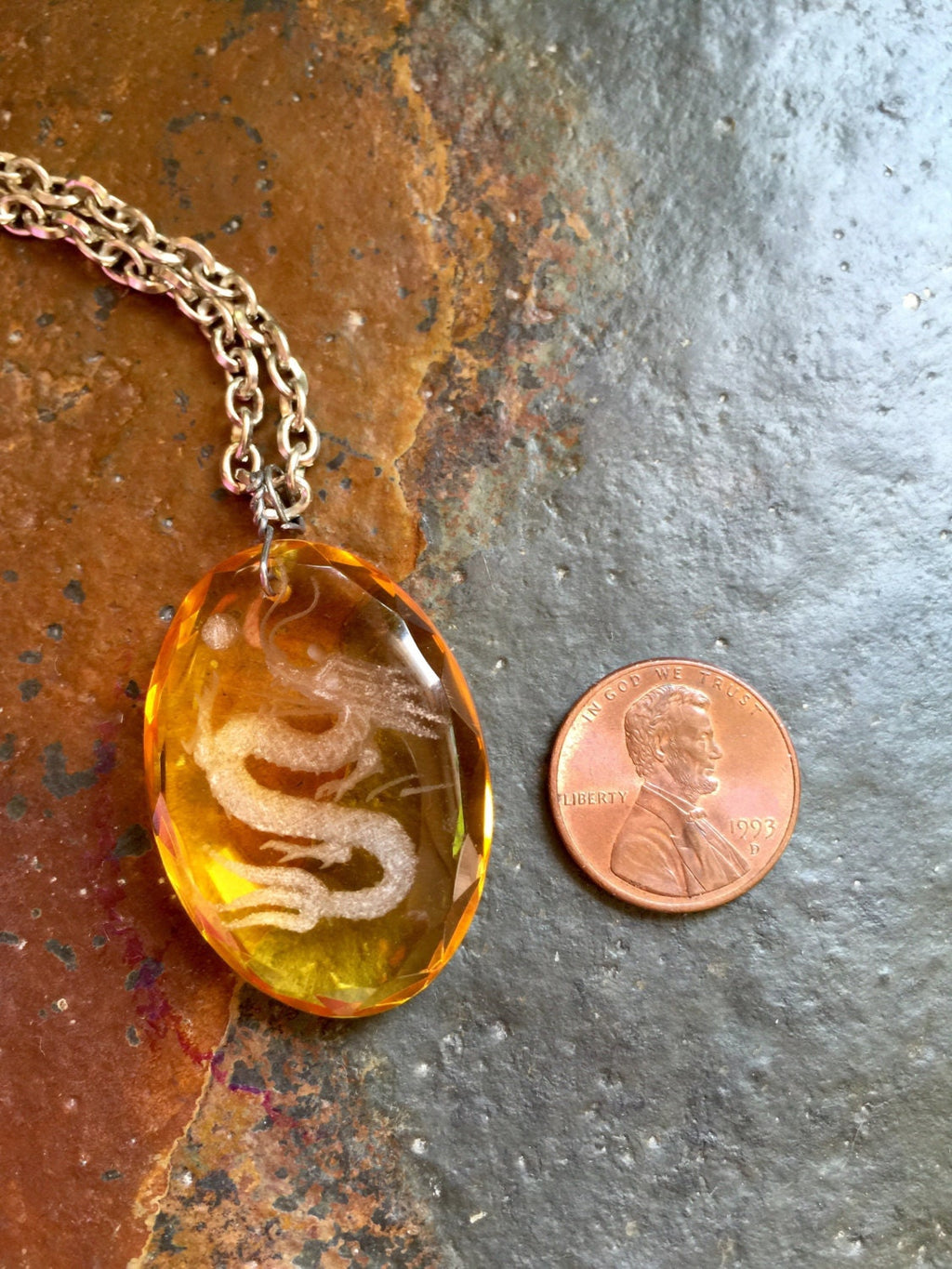 Engraved Dragon Yellow Glass Pendant, Silver Chain Necklace