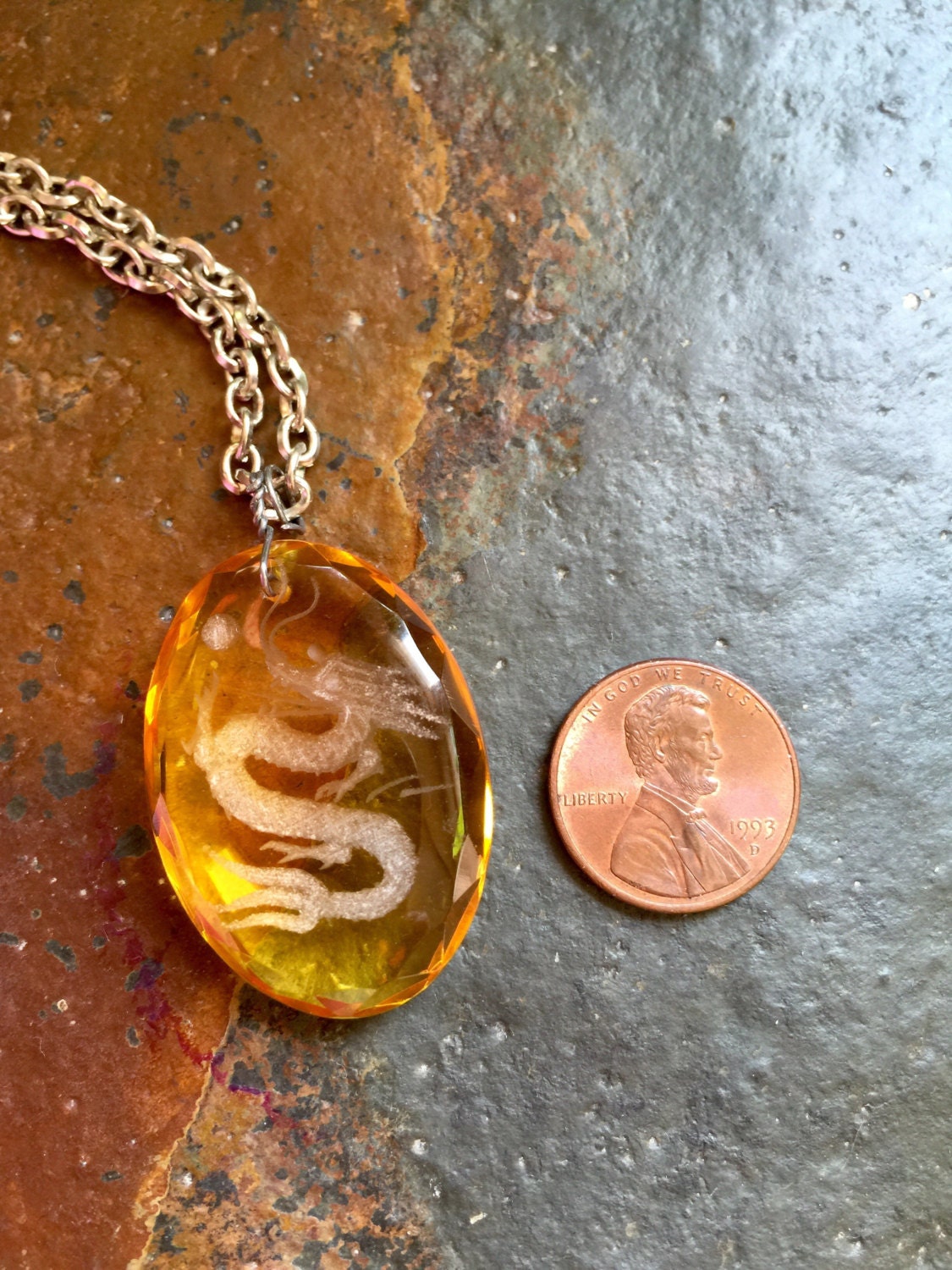 Engraved Dragon Yellow Glass Pendant, Silver Chain Necklace