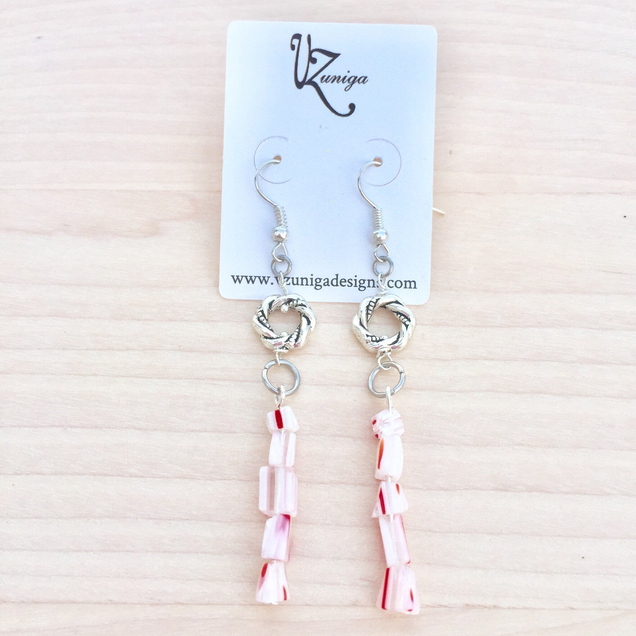 Handmade Candy Cane Glass Bead Earrings, Christmas Holiday Jewelry