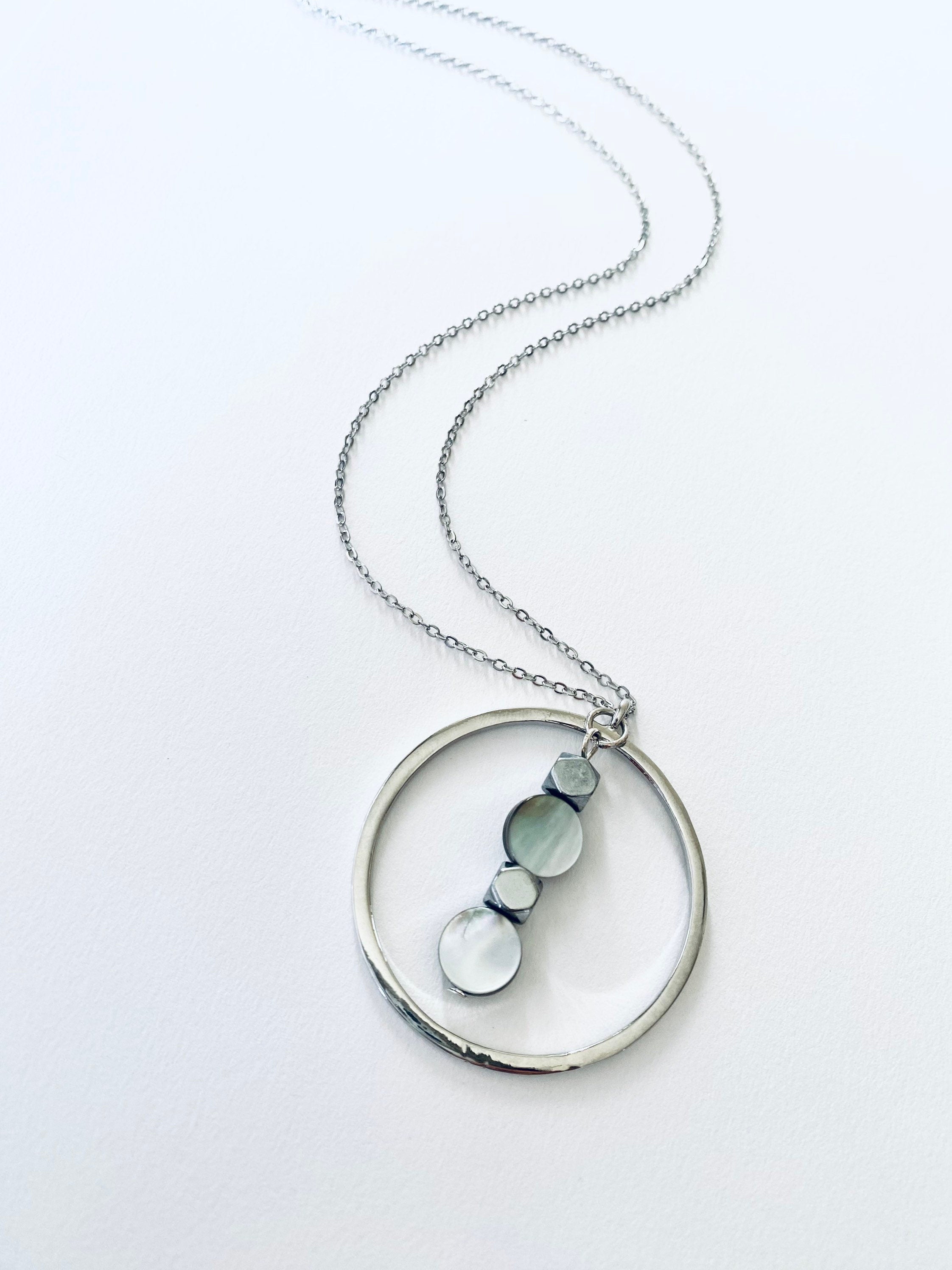 Iridescent Pearl Glass Pendant Necklace, Circular Silver Necklace, 30 inch