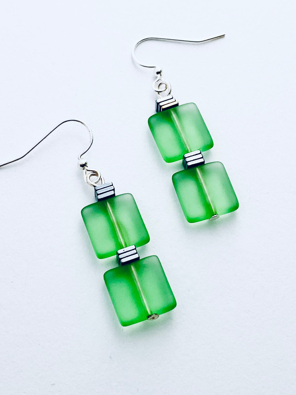 Green Sea Glass Dangle Earrings, Silver Plated Components