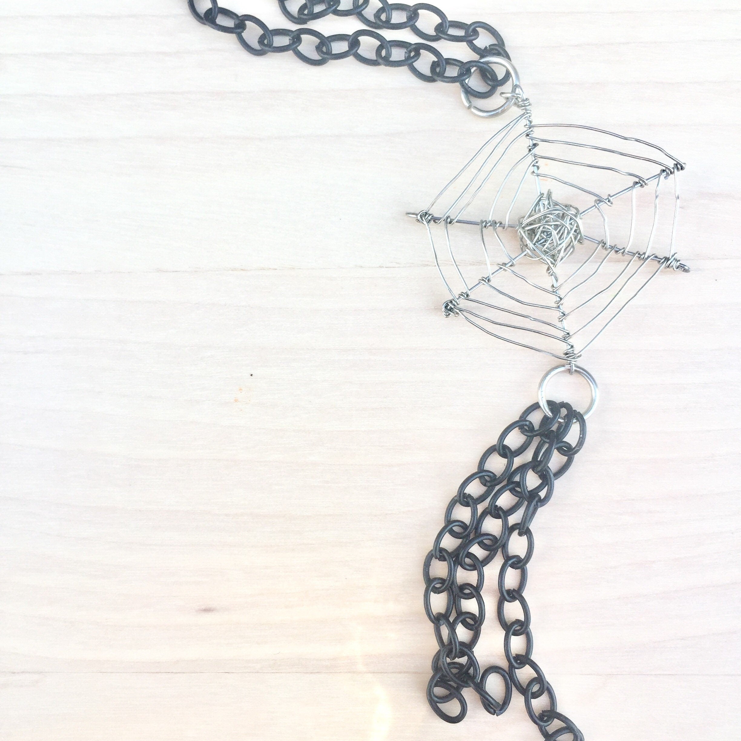 Halloween Spider Web Necklace, Silver Plated, Black Cable Chain