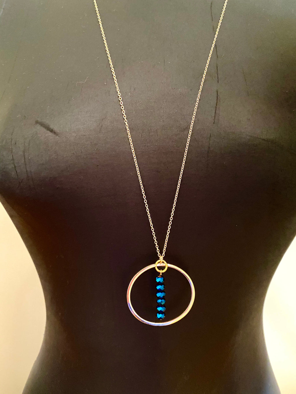 Electric Blue Beaded Pendant Necklace, Gold Plated Chain (30 inch)