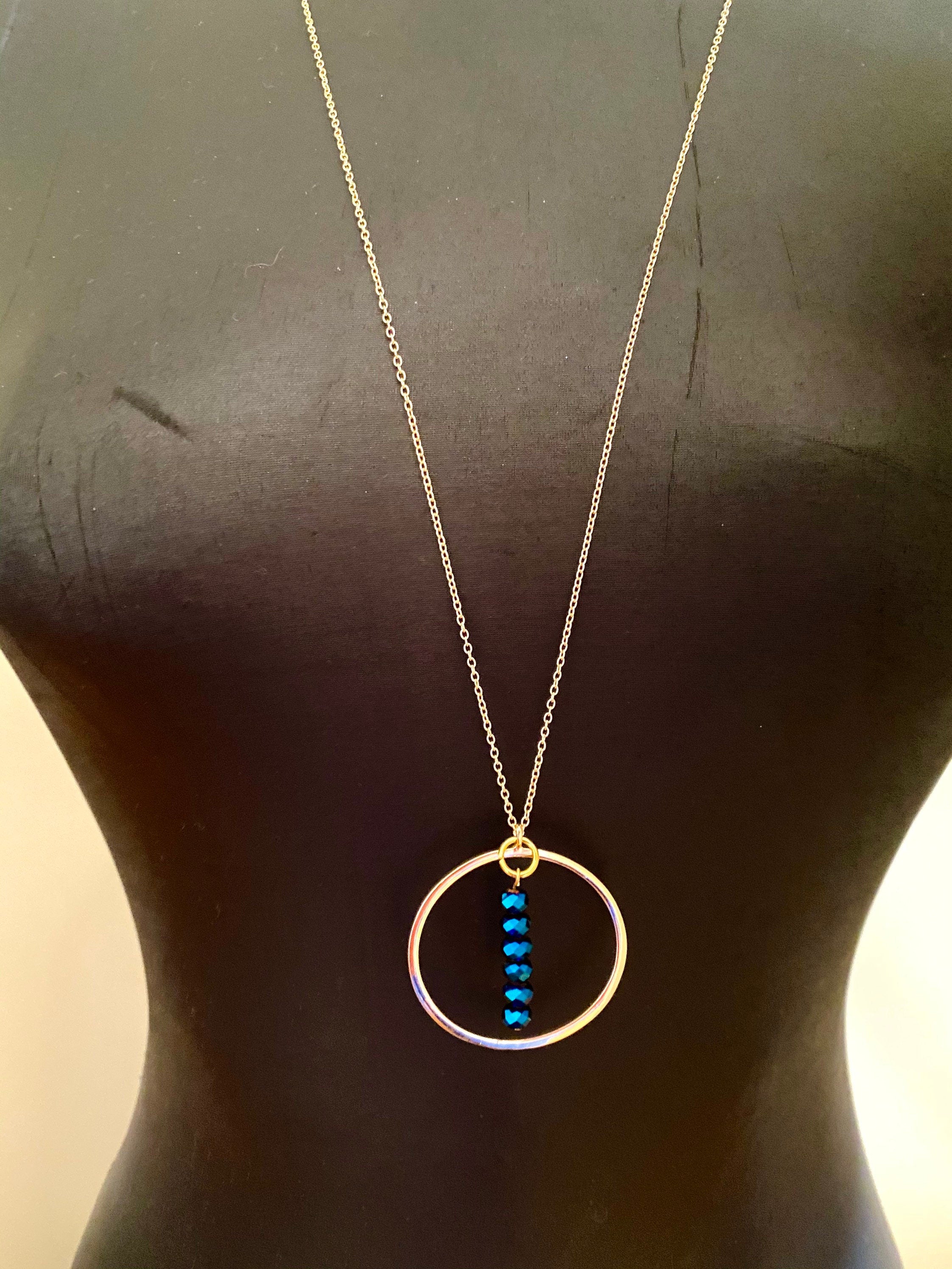Electric Blue Beaded Pendant Necklace, Gold Plated Chain (30 inch)