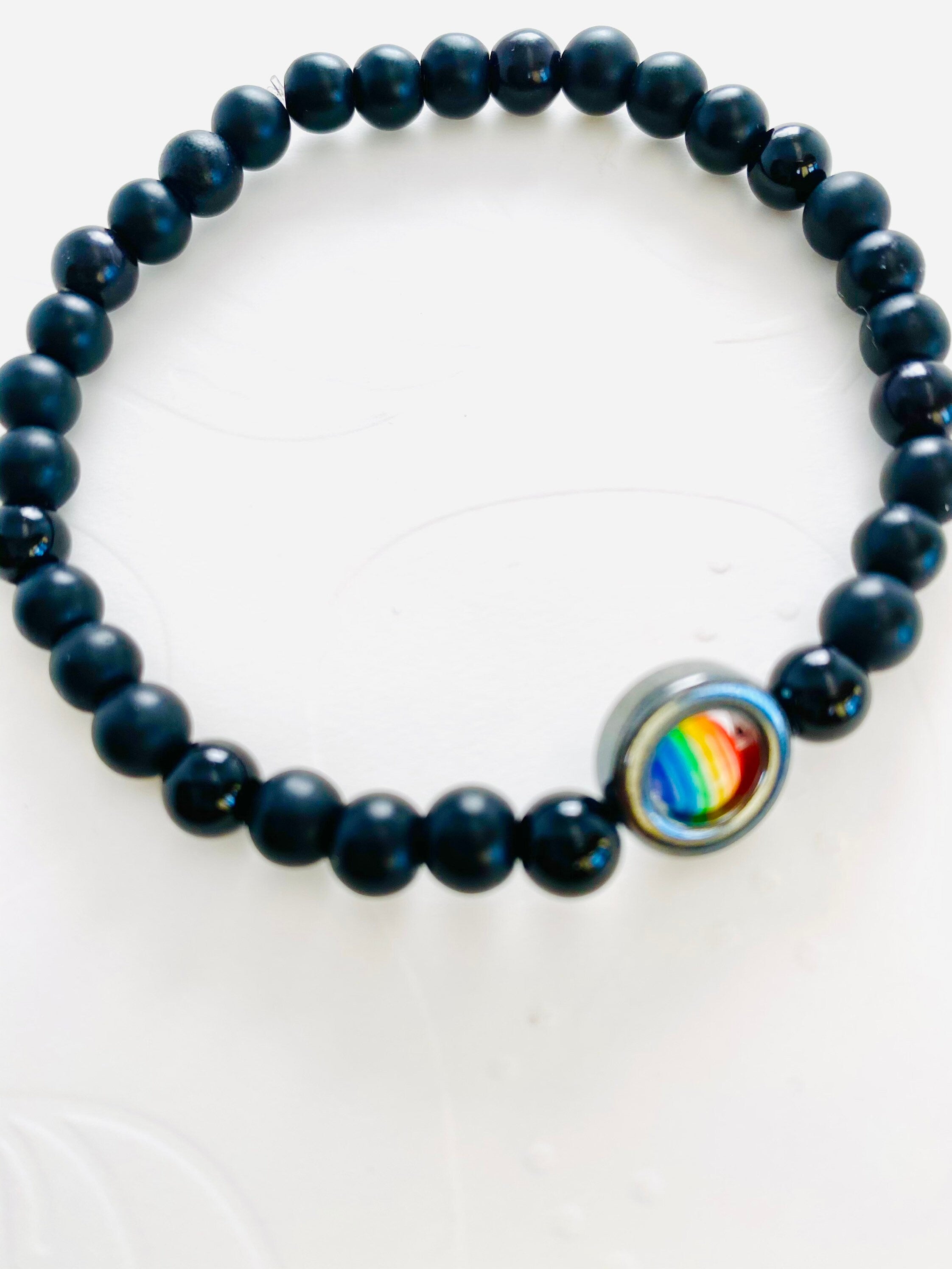 Onyx Pride Bracelet, Rainbow Resin Bead, LGBT Stretch Bracelet
