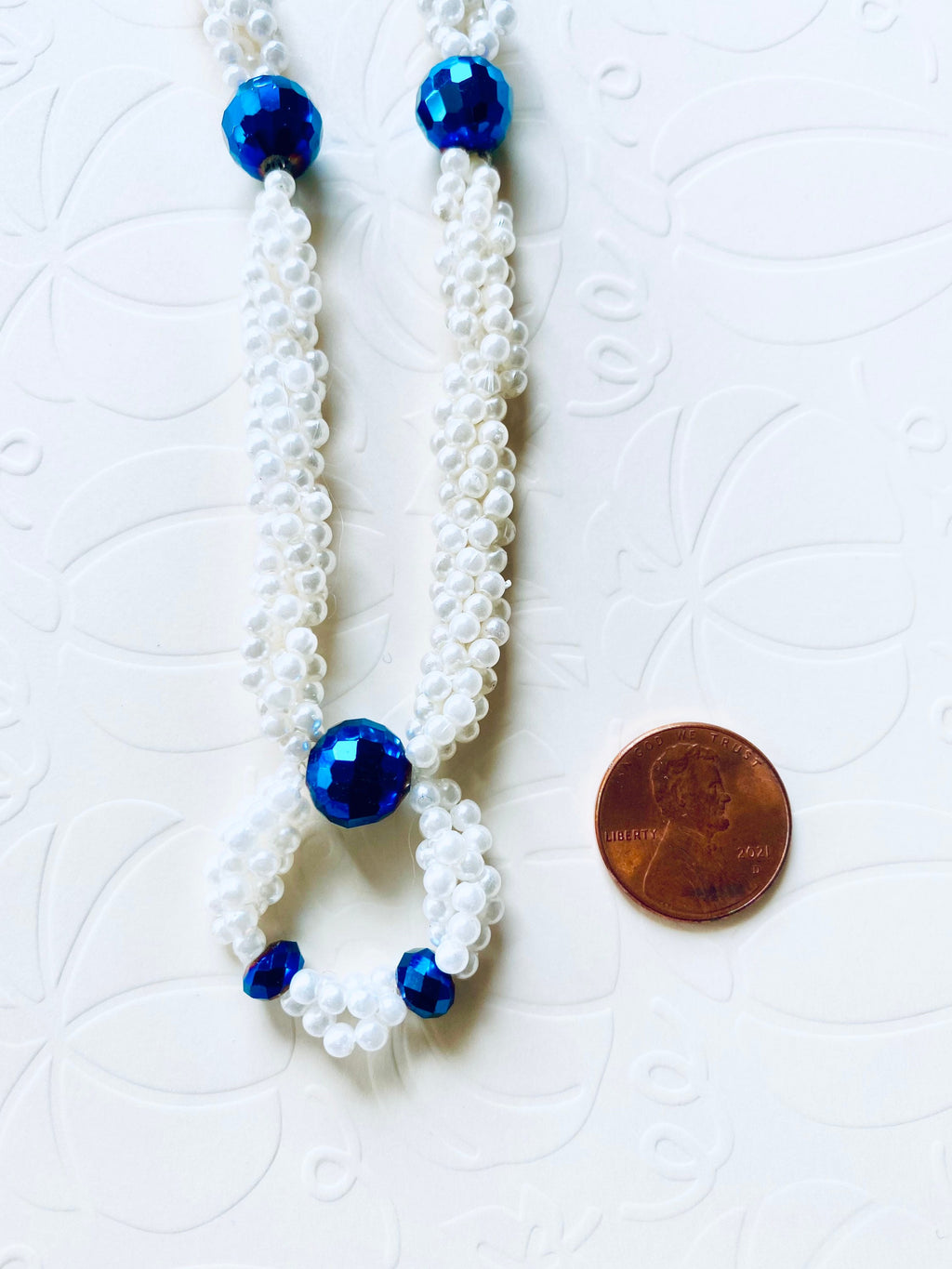 Spiral Beaded Necklace, Iridescent Blue, White Pearl Acrylic