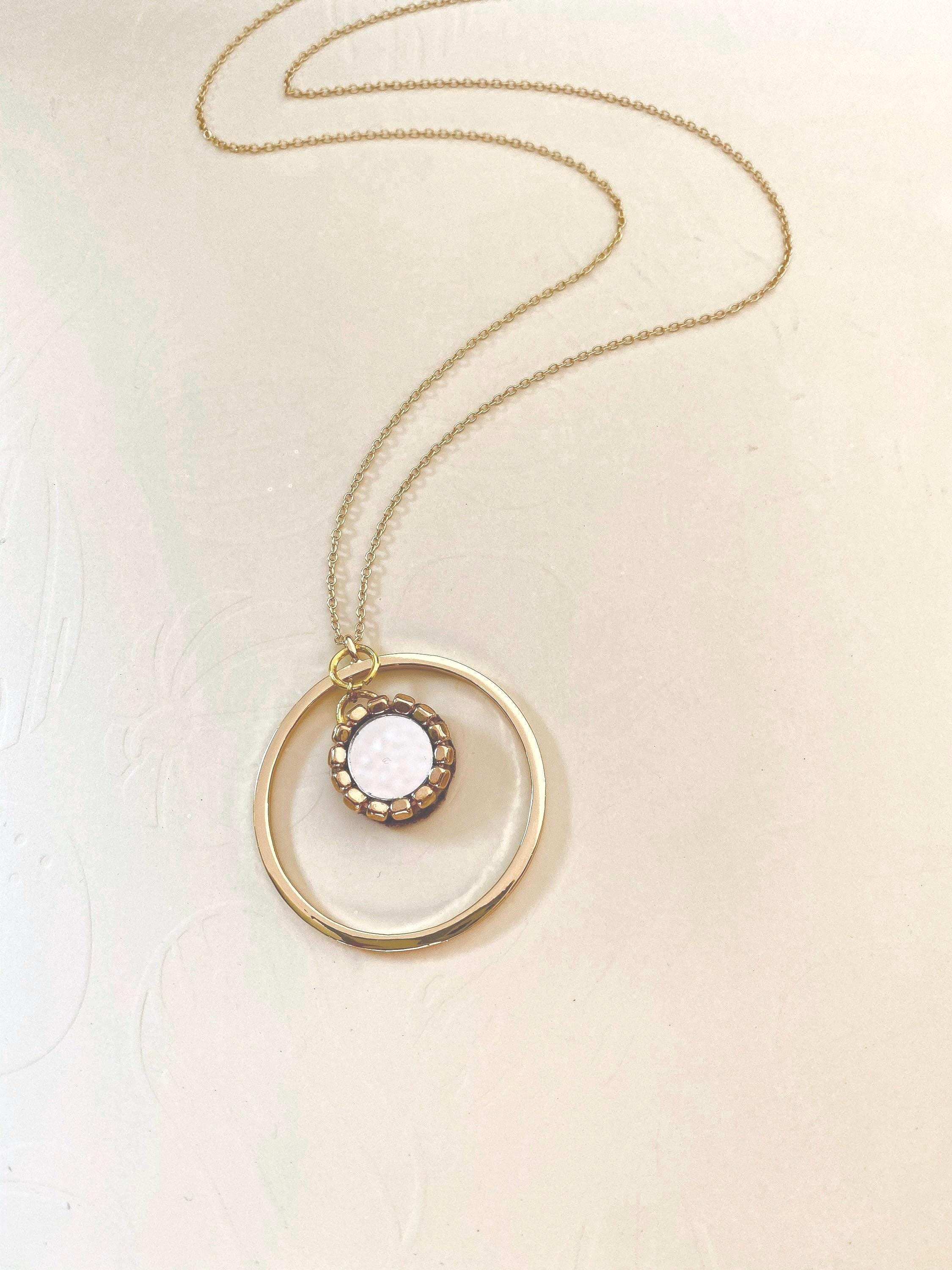 Mirror Pendant Necklace, 30" Gold Plated Circular Necklace