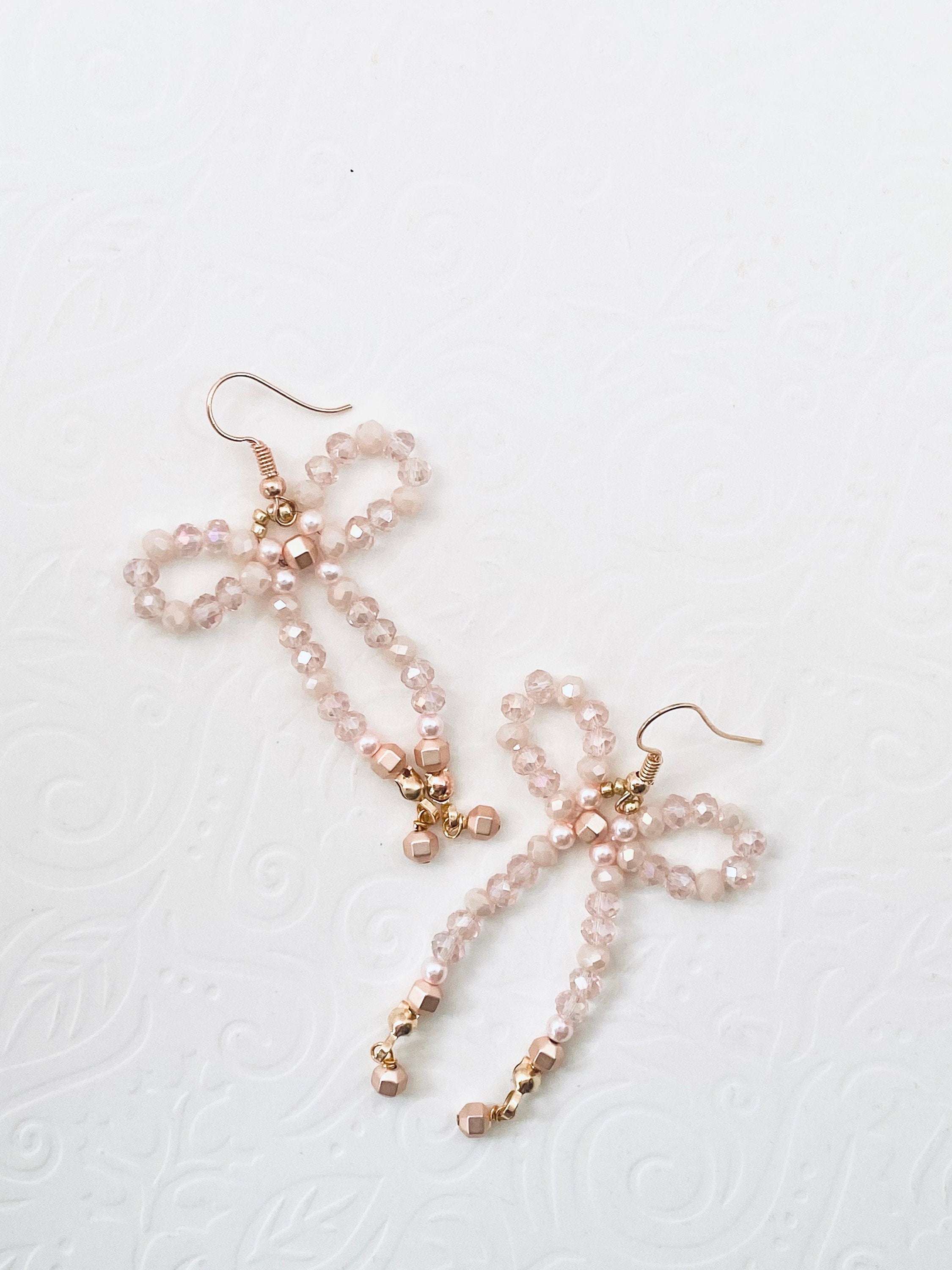 Handmade Cream Crystal Bow Earrings, Festive Gold Hooks