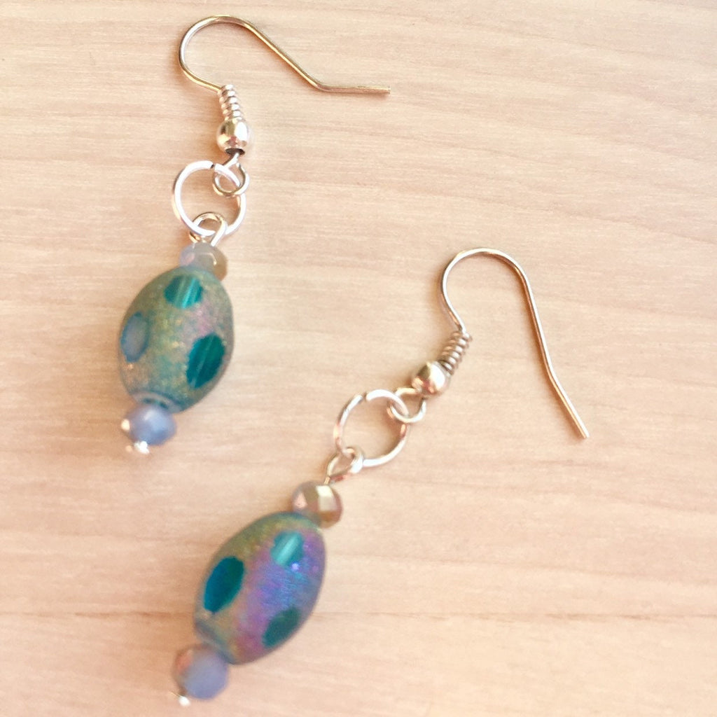 Iridescent Blue Dangle Earrings, Easter Egg Style