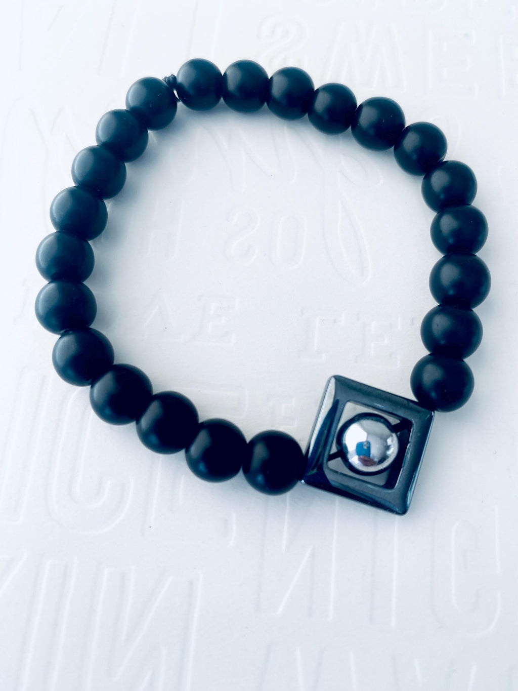 Onyx Gemstone Bracelet, Hematite Triangle Focal, Unisex Stretch