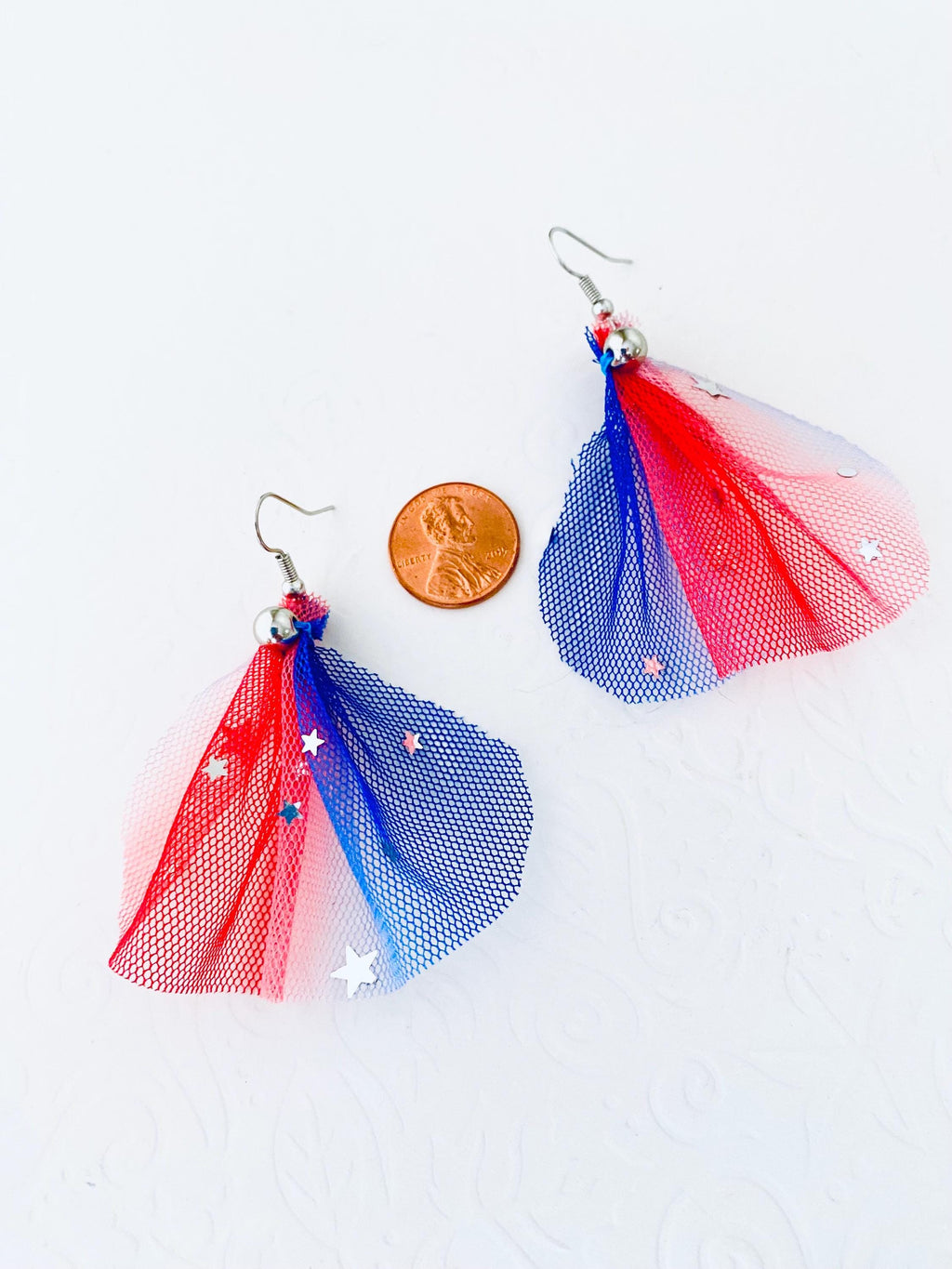 4th of July Tulle Earrings, Patriotic Silver Star Dangle