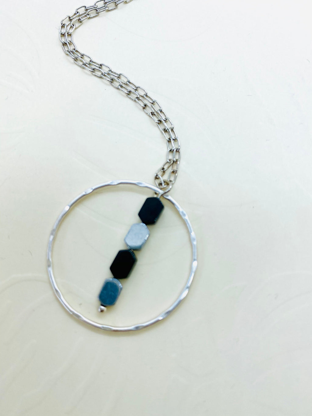 Circular Pendant Necklace, Silver & Black Hematite Beads