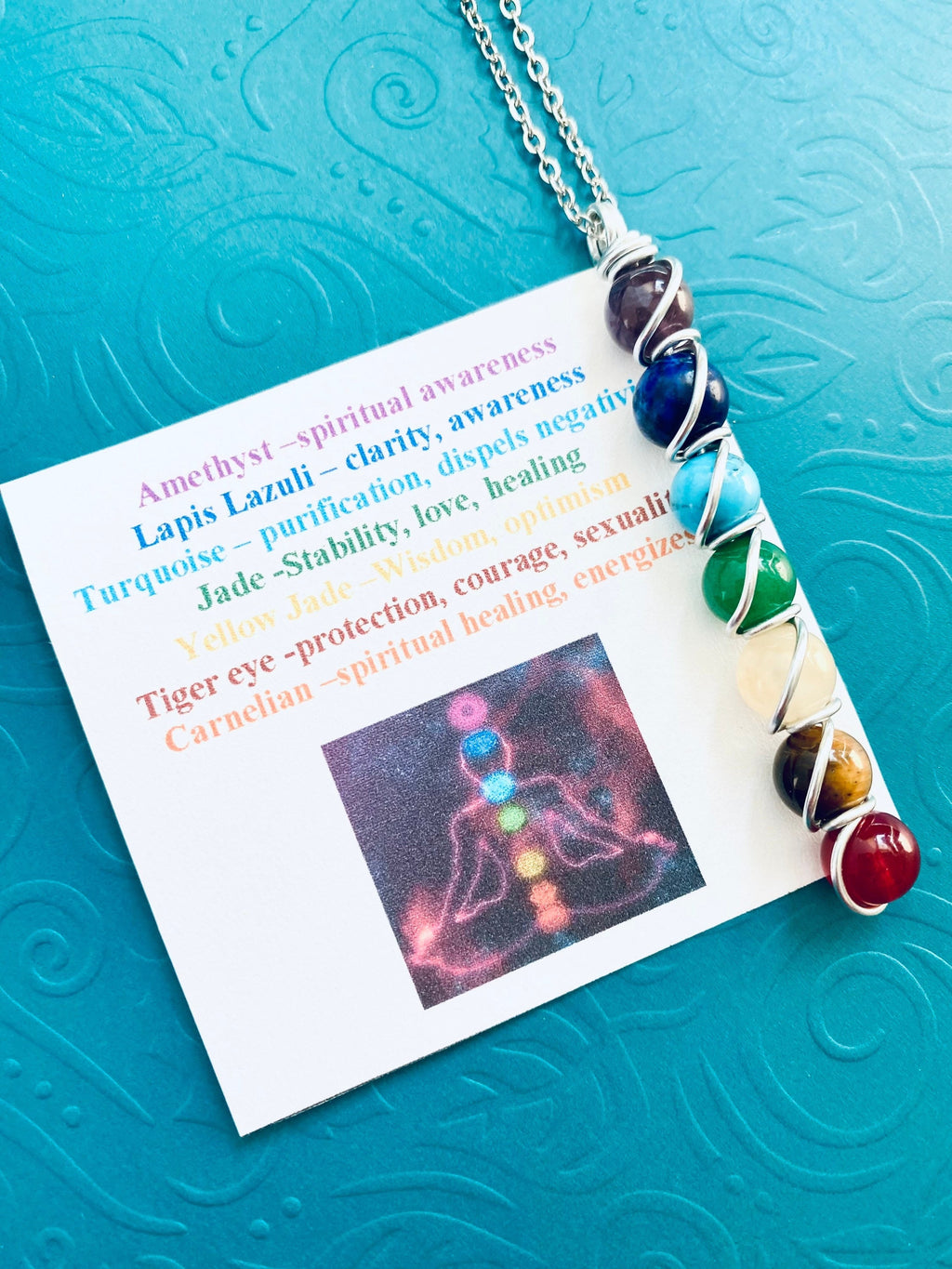 7 Chakra Gemstone Necklace, Spiritual Balance, Silver Plated Chain