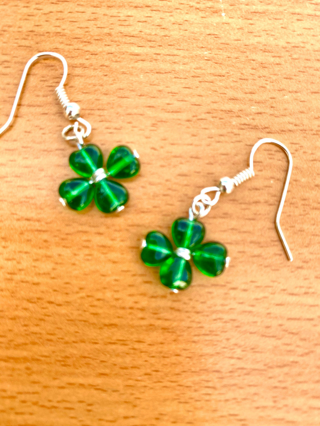 St. Patrick's Day Clover Earrings, Green Heart Beads, Irish Gift