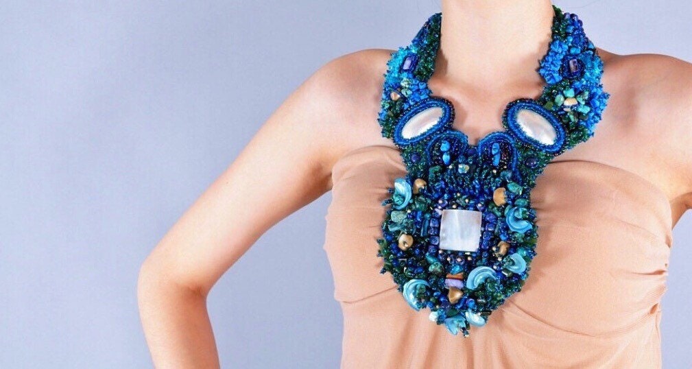 Hand Beaded Gemstone Statement Necklace, Mother of Pearl, Ocean Blue
