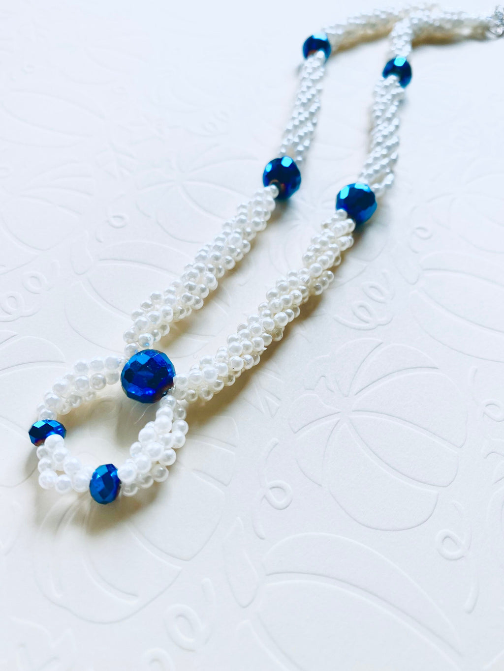 Spiral Beaded Necklace, Iridescent Blue, White Pearl Acrylic