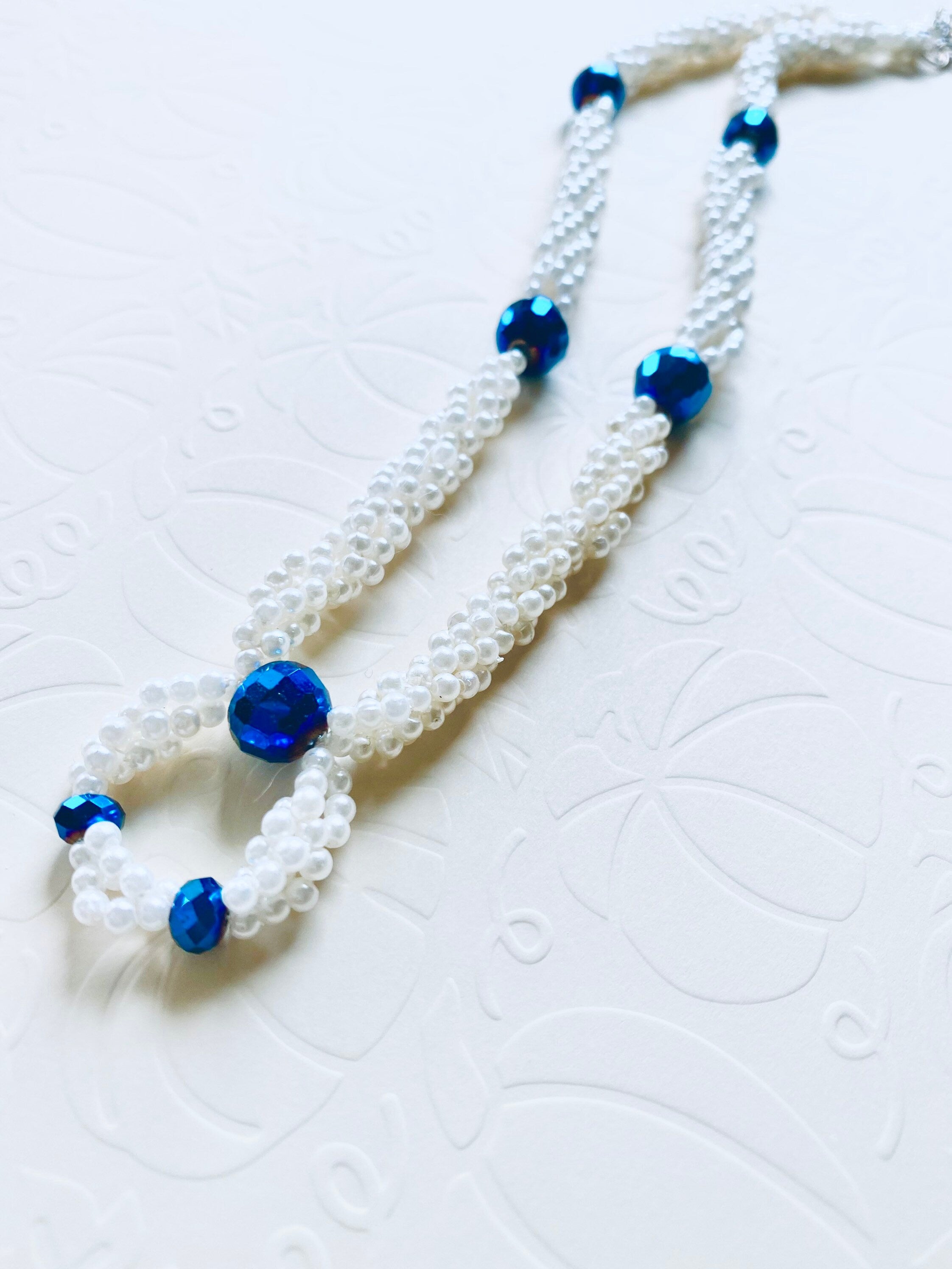 Spiral Beaded Necklace, Iridescent Blue, White Pearl Acrylic