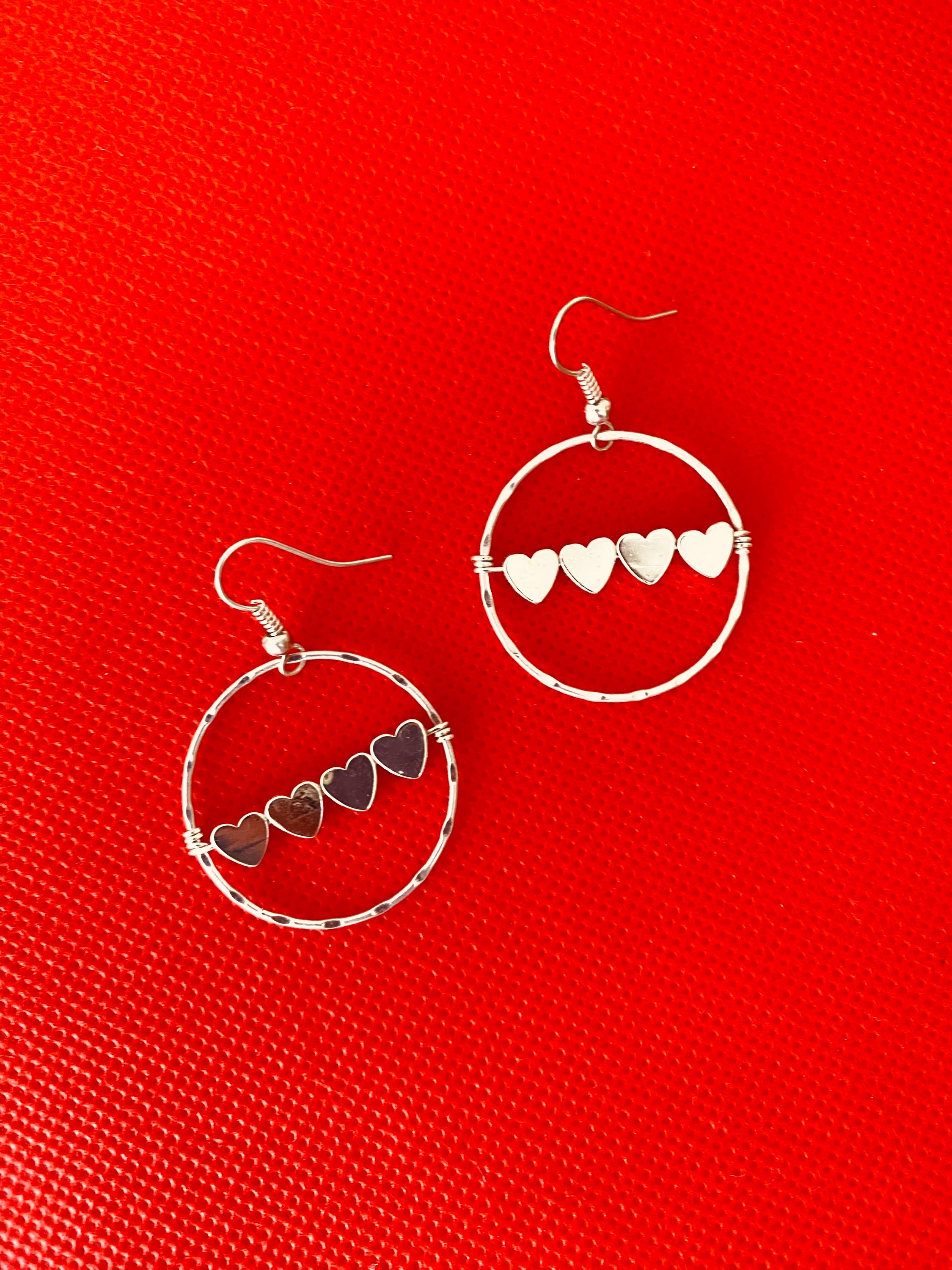 Red Glass Heart Earrings, Silver Plated Hook, Czech Crystals