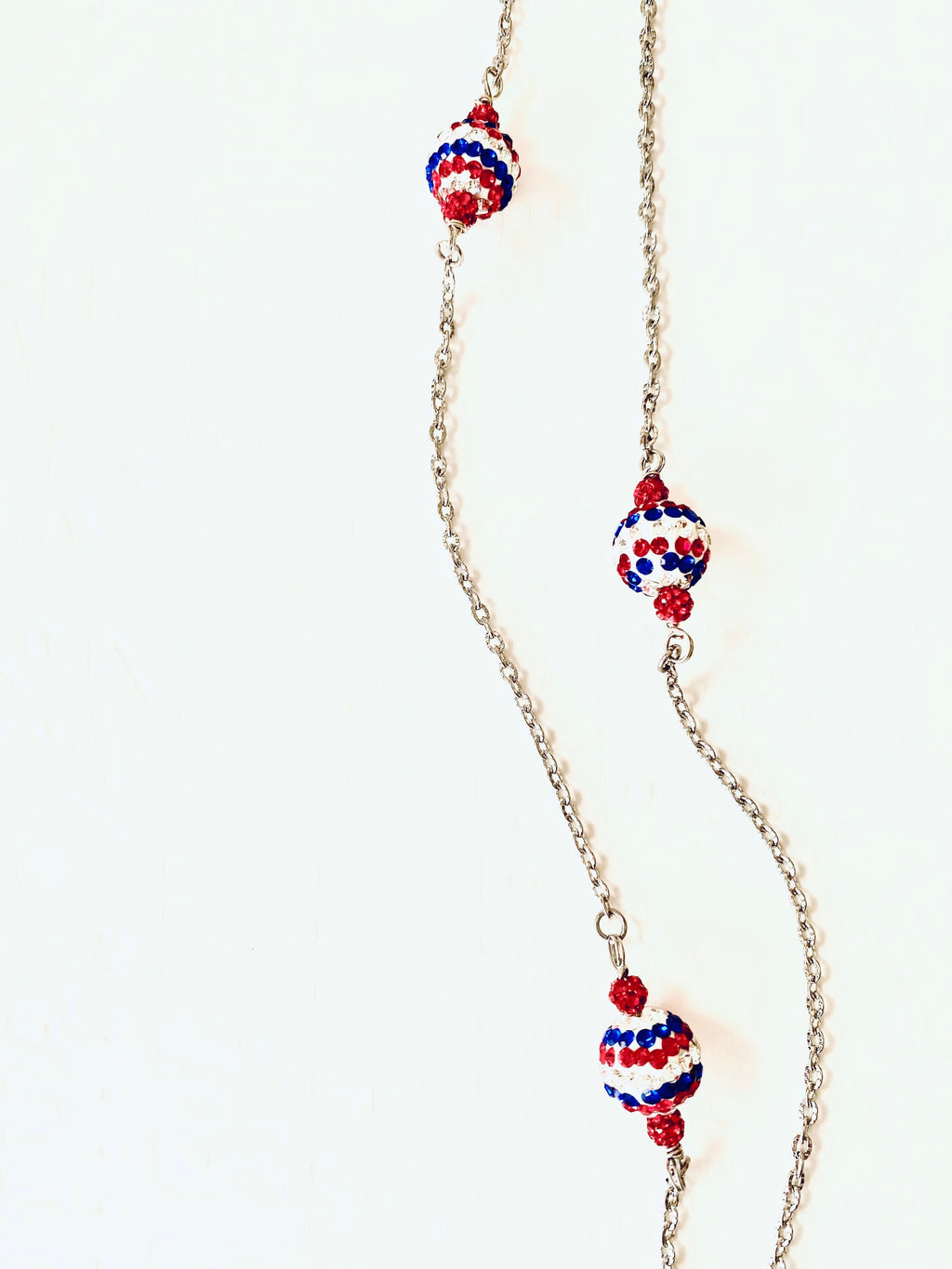 Handmade 4th of July Rhinestone Necklace, Red White and Blue Silver Chain