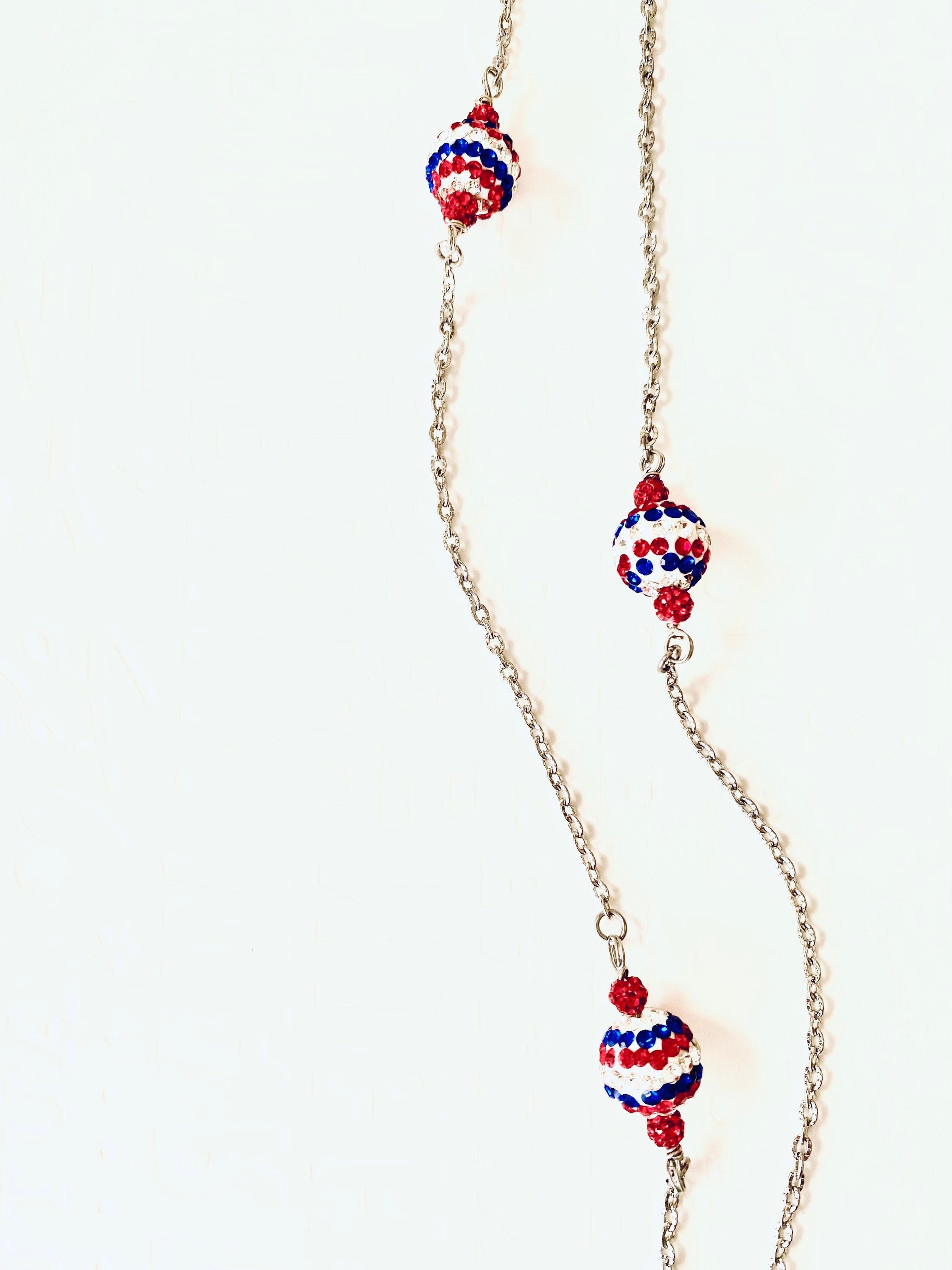 Handmade 4th of July Rhinestone Necklace, Red White and Blue Silver Chain