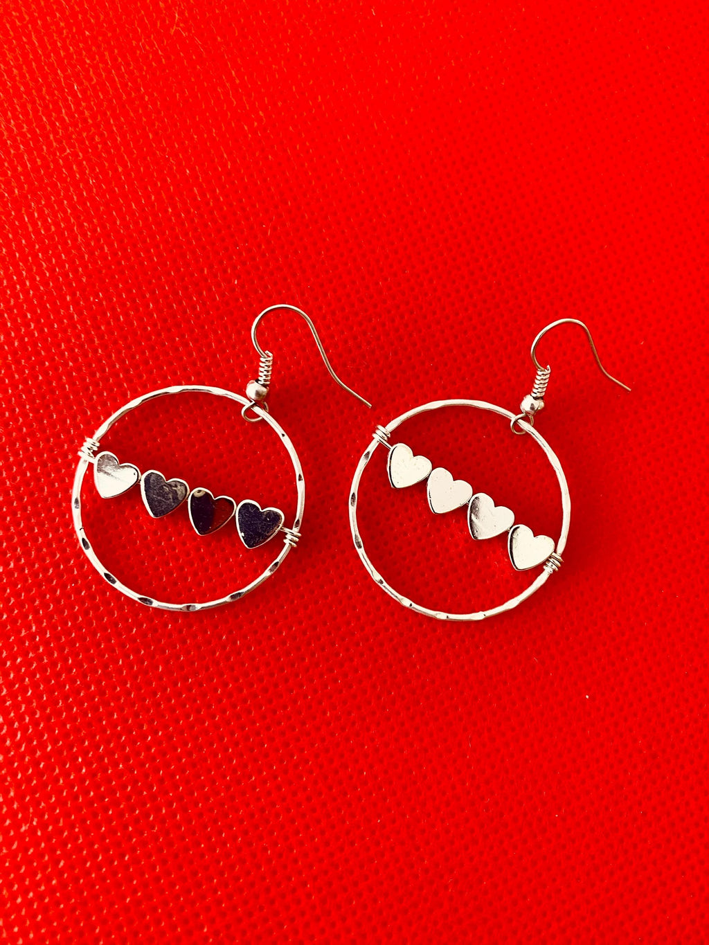 Red Glass Heart Earrings, Silver Plated Hook, Czech Crystals