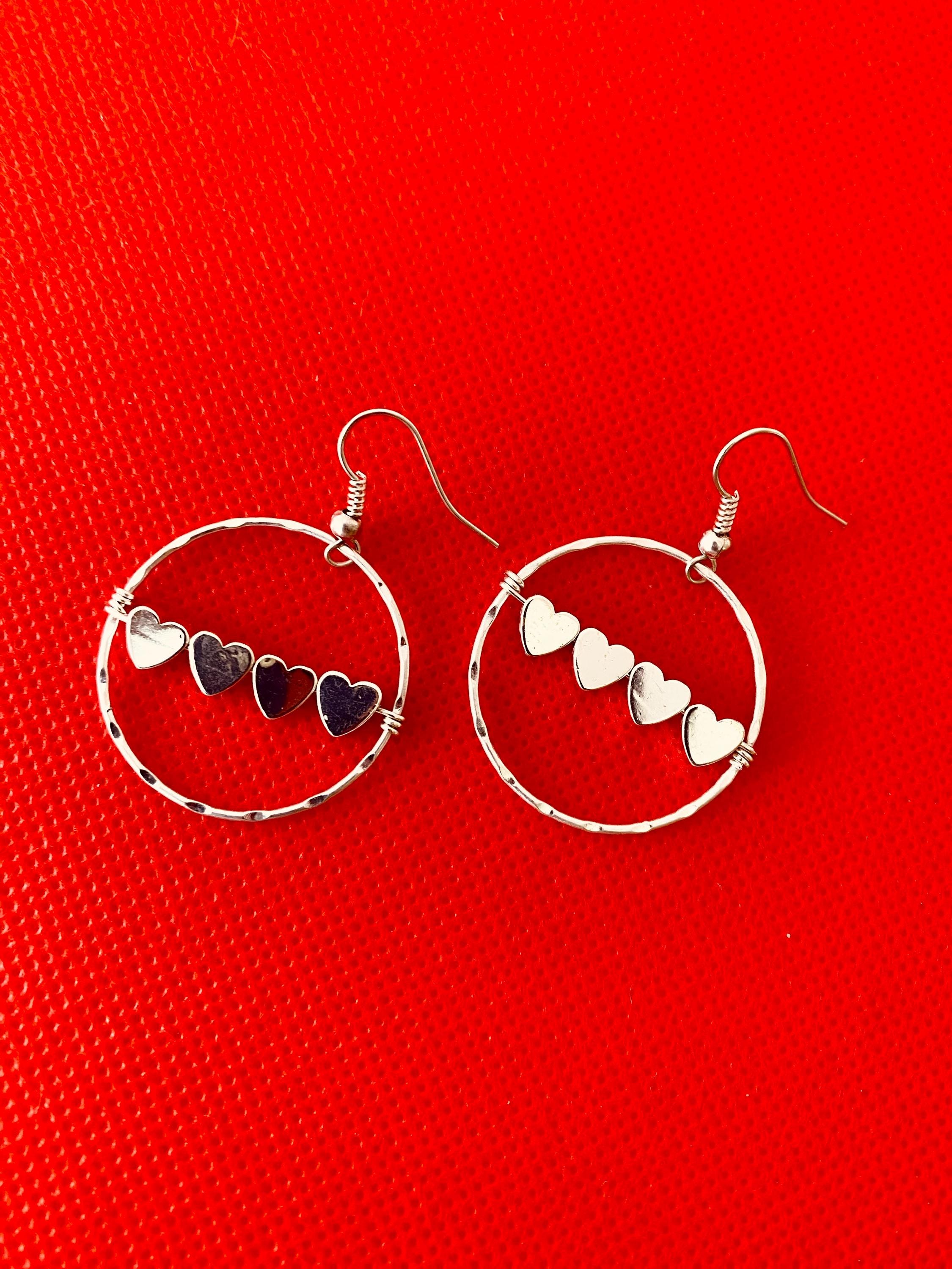 Red Glass Heart Earrings, Silver Plated Hook, Czech Crystals