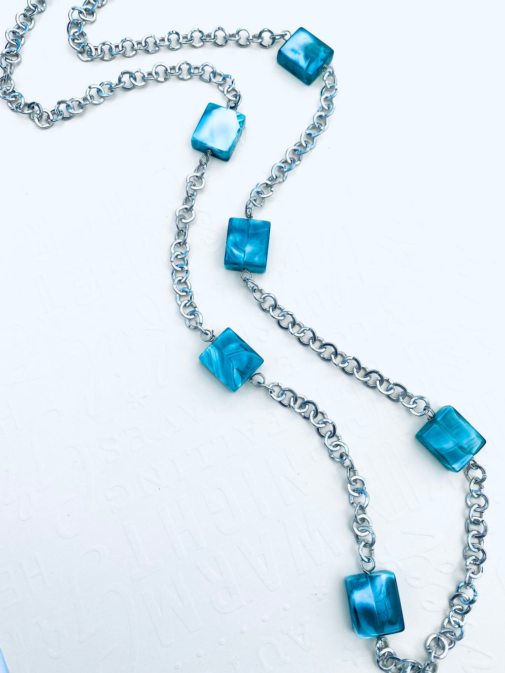 Blue Swirl Glass Bead Necklace, Silver Chain, 32 Inch