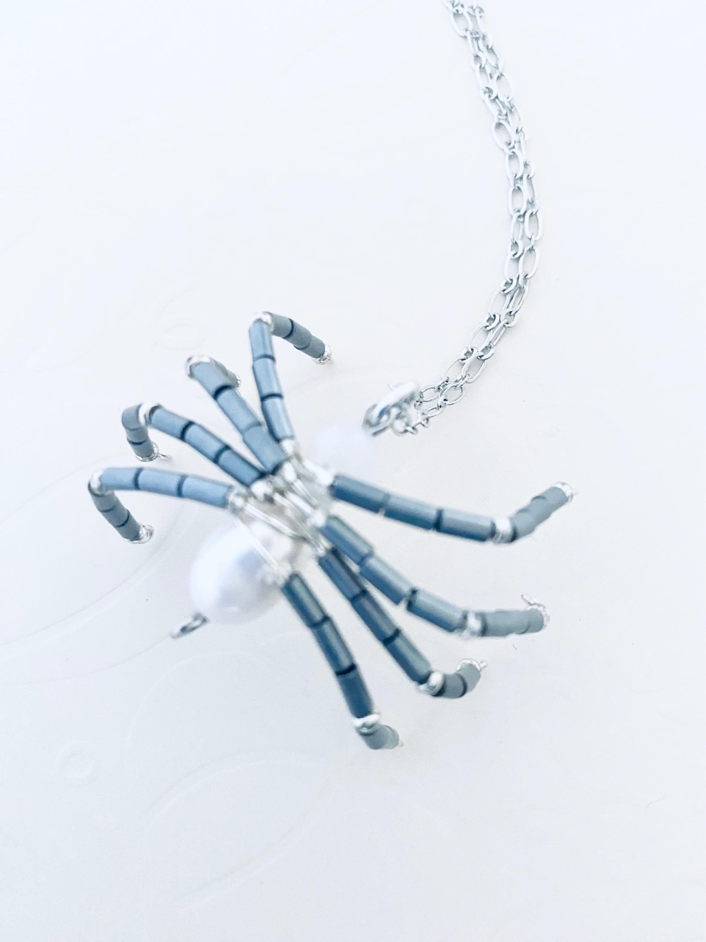 Beaded Spider Necklace, Pearl Pendant, Halloween Jewelry