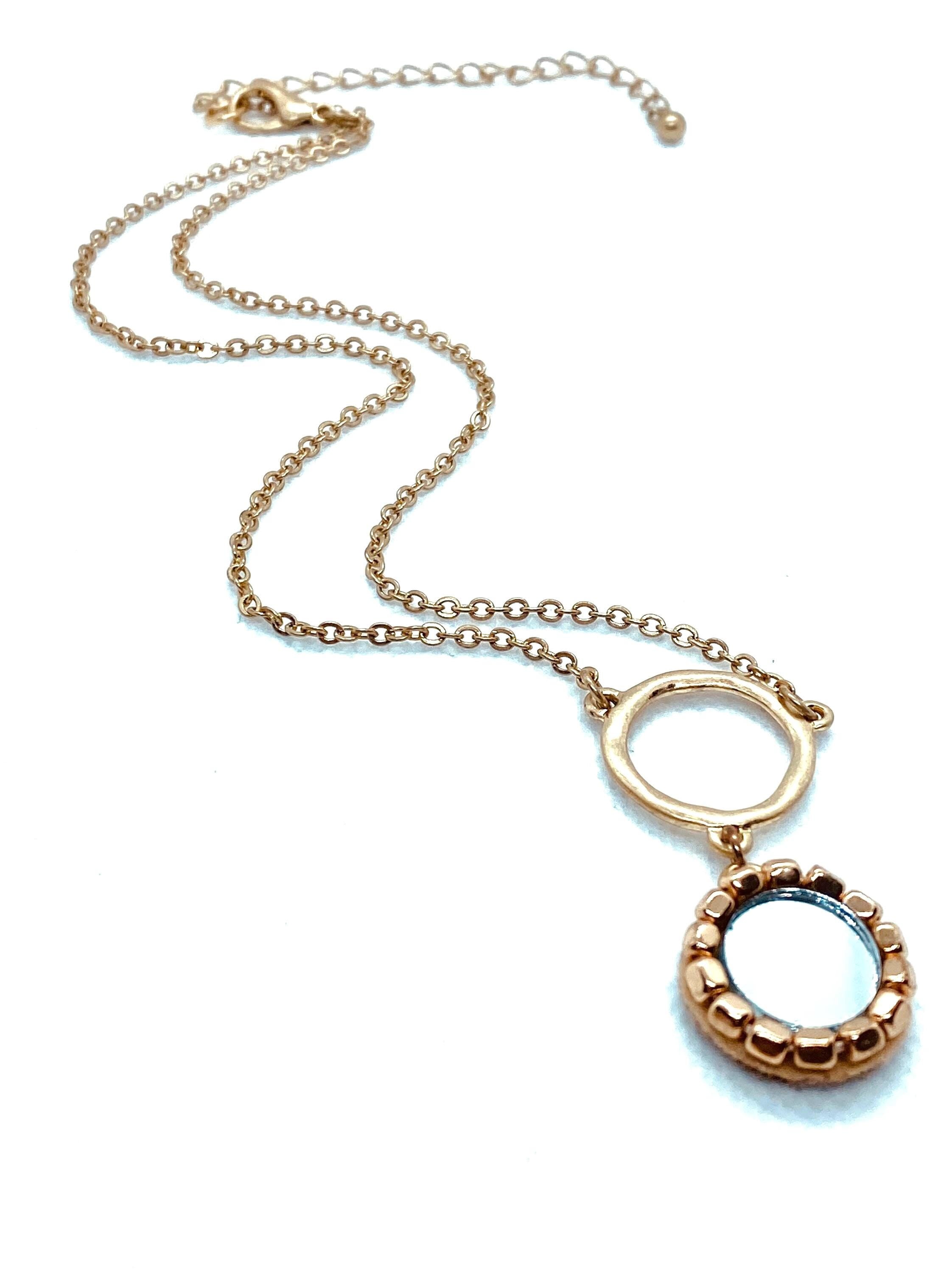 Matte Gold Plated Mirror Pendant Necklace, Beaded Design
