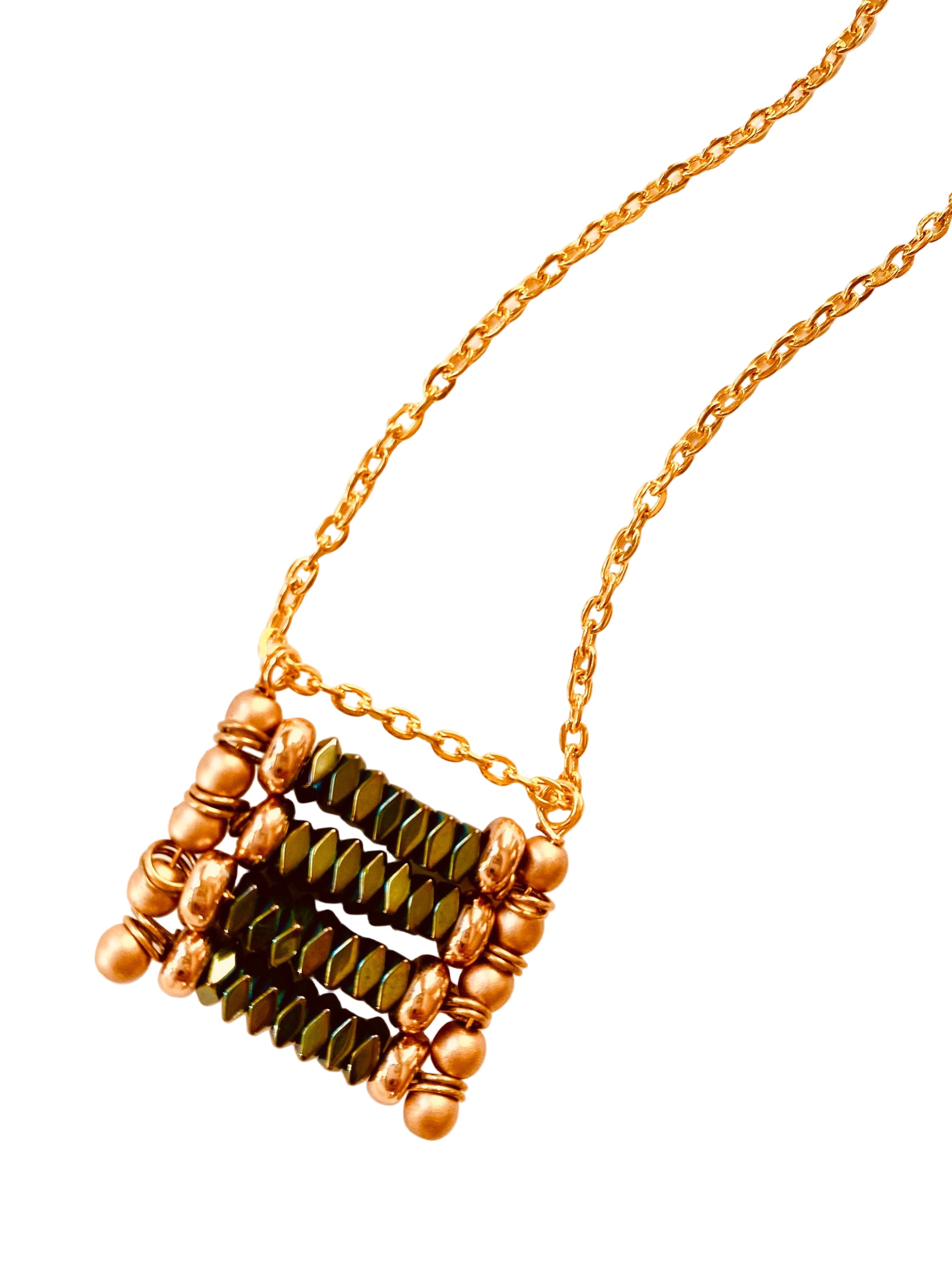 Rectangular Beaded Pendant Necklace, Green and Matte Gold, 30 inch