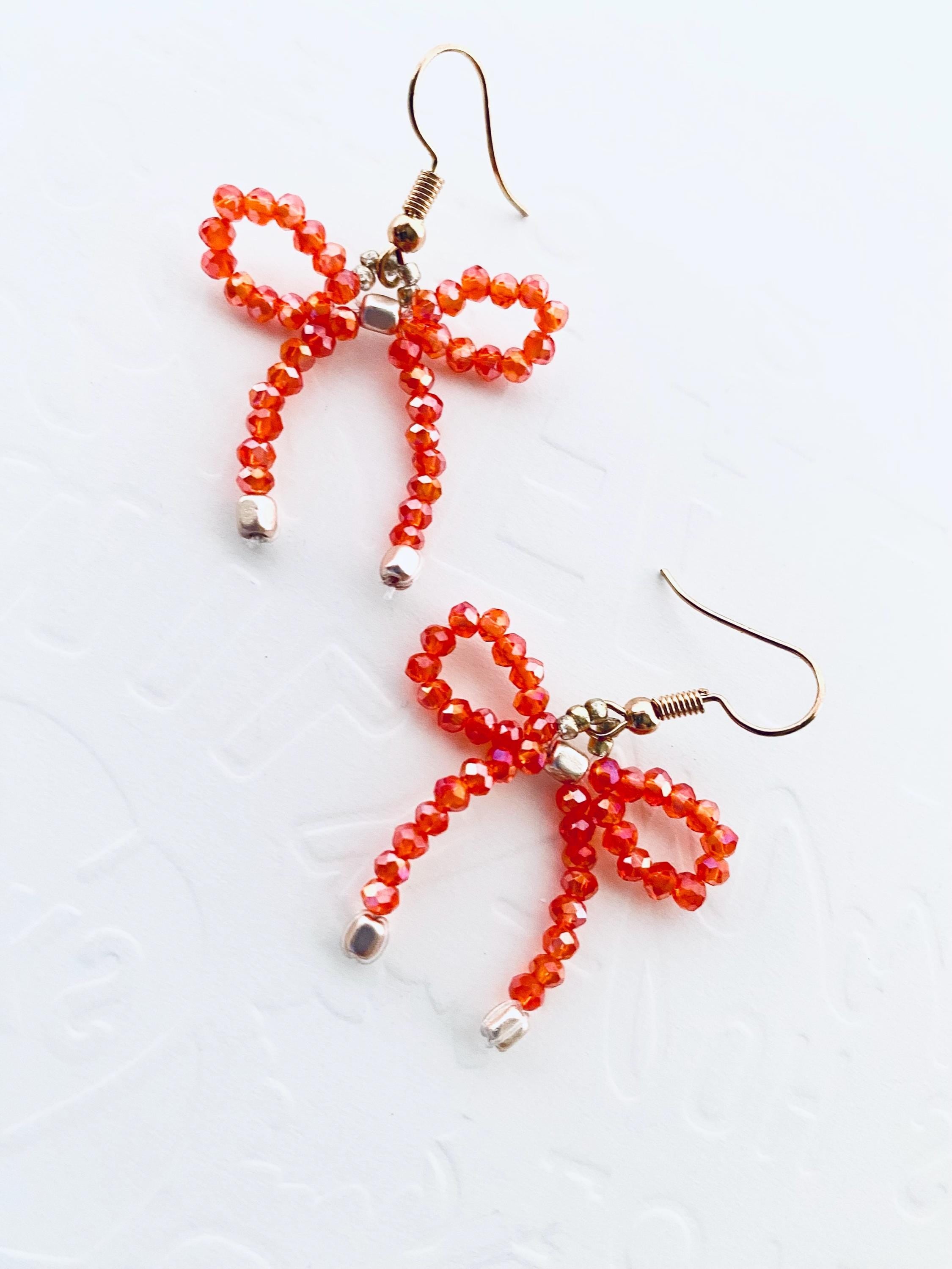 Halloween Crystal Bow Earrings, Orange Beaded Festive Jewelry