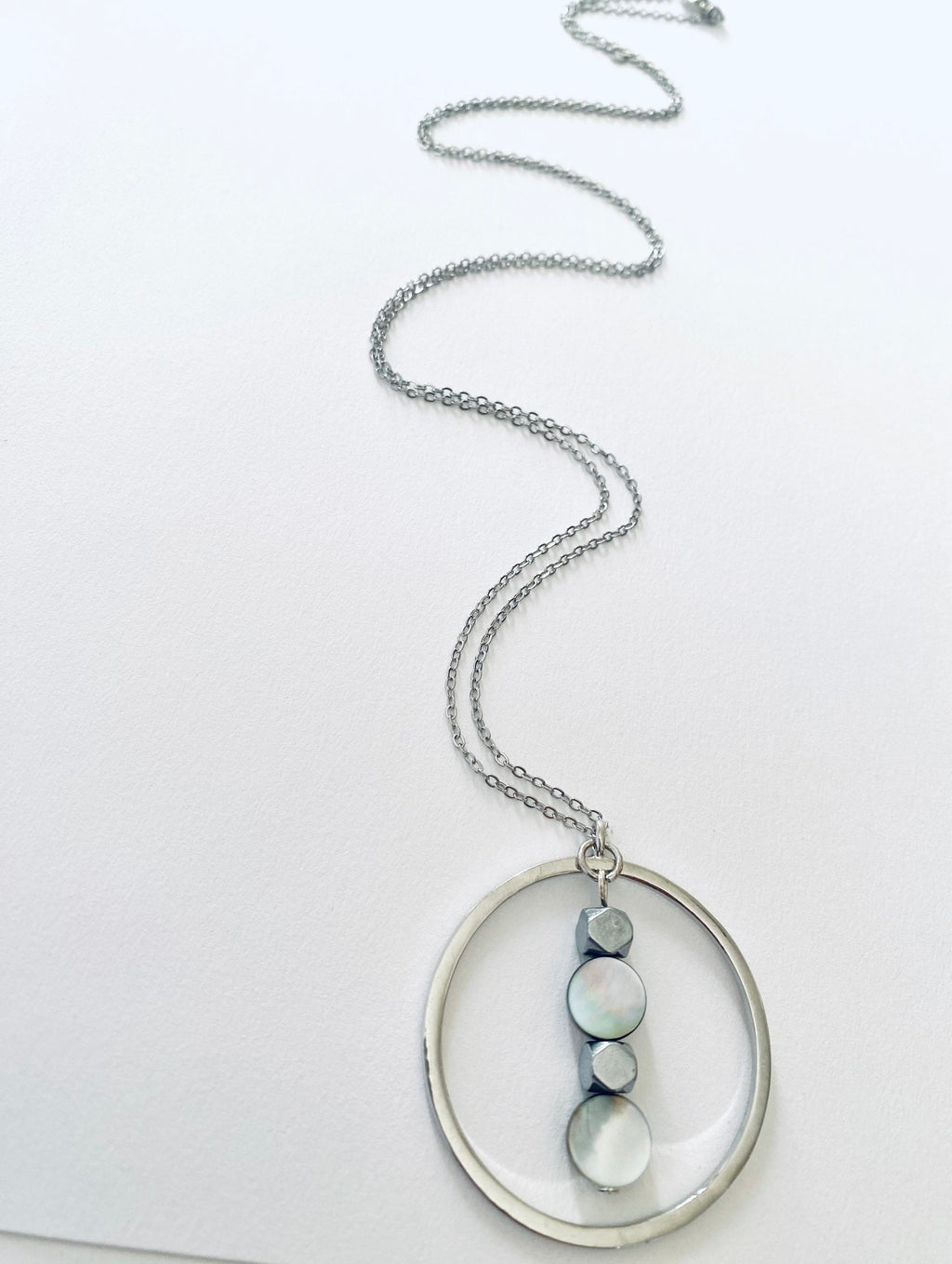 Iridescent Pearl Glass Pendant Necklace, Circular Silver Necklace, 30 inch