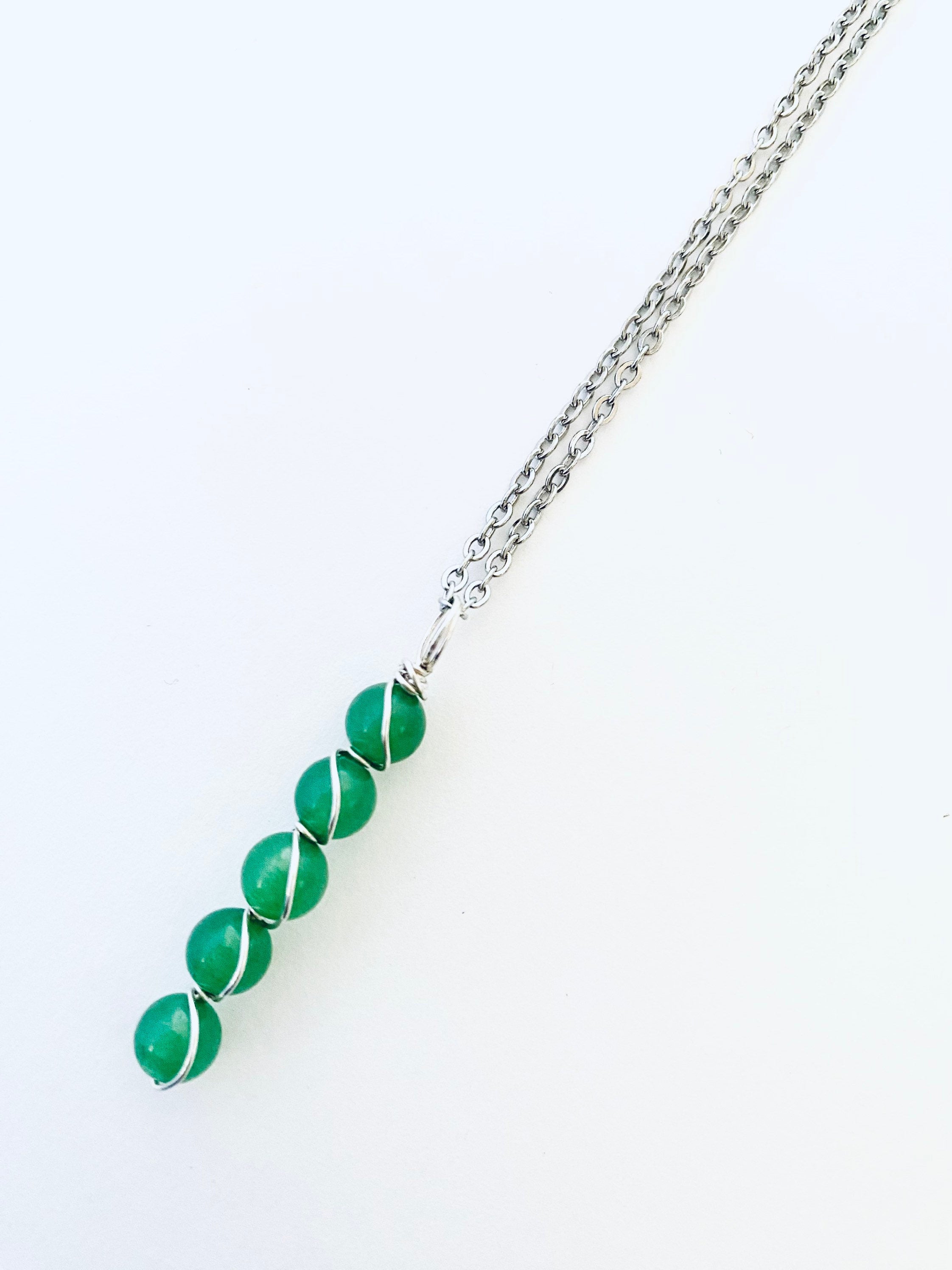Green Jade Gemstone Necklace, Sterling Silver Wire Wrapped, Spiritual Jewelry