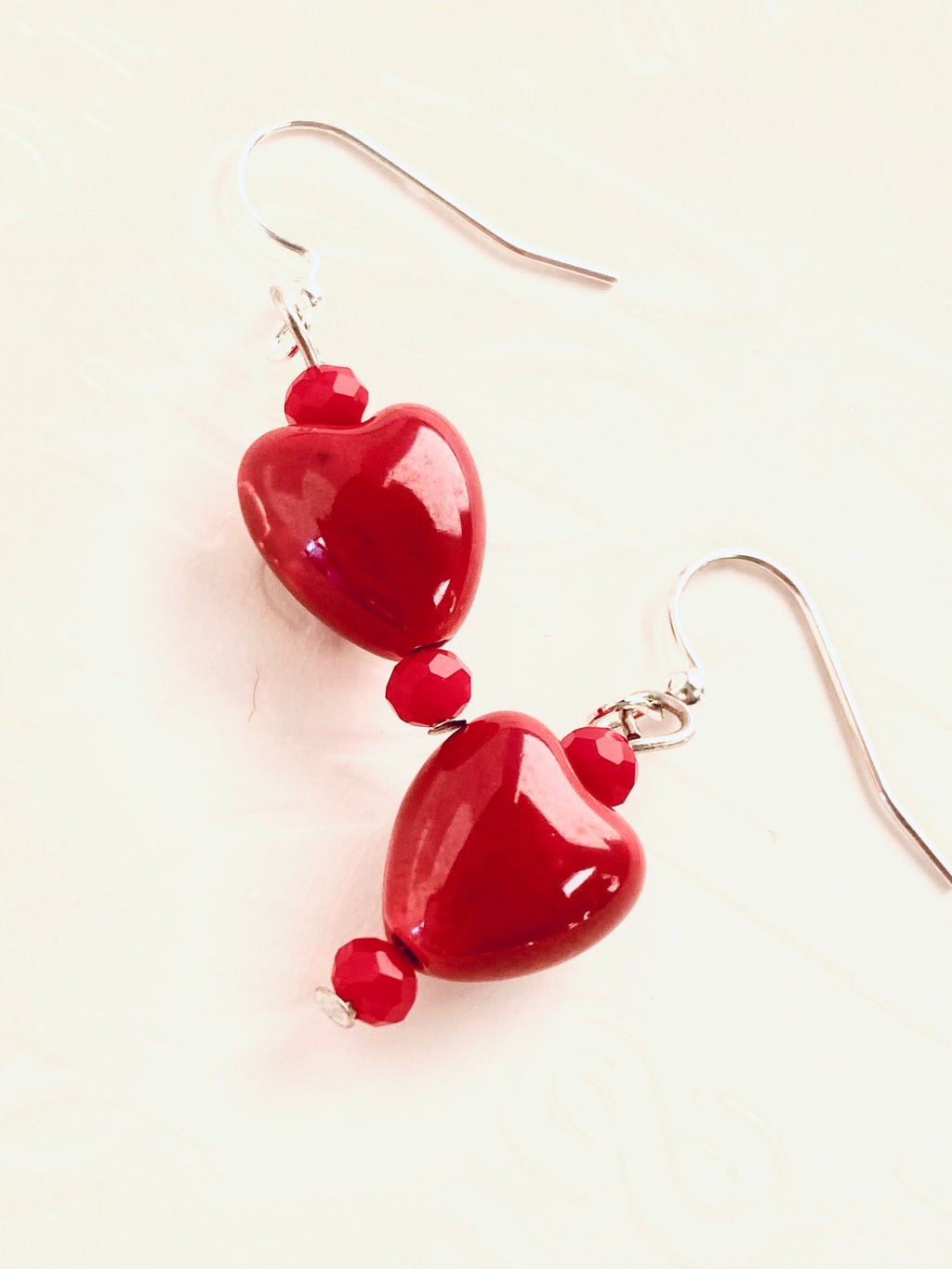 Red Glass Heart Earrings, Silver Plated Hooks, Czech Crystal Festive Jewelry