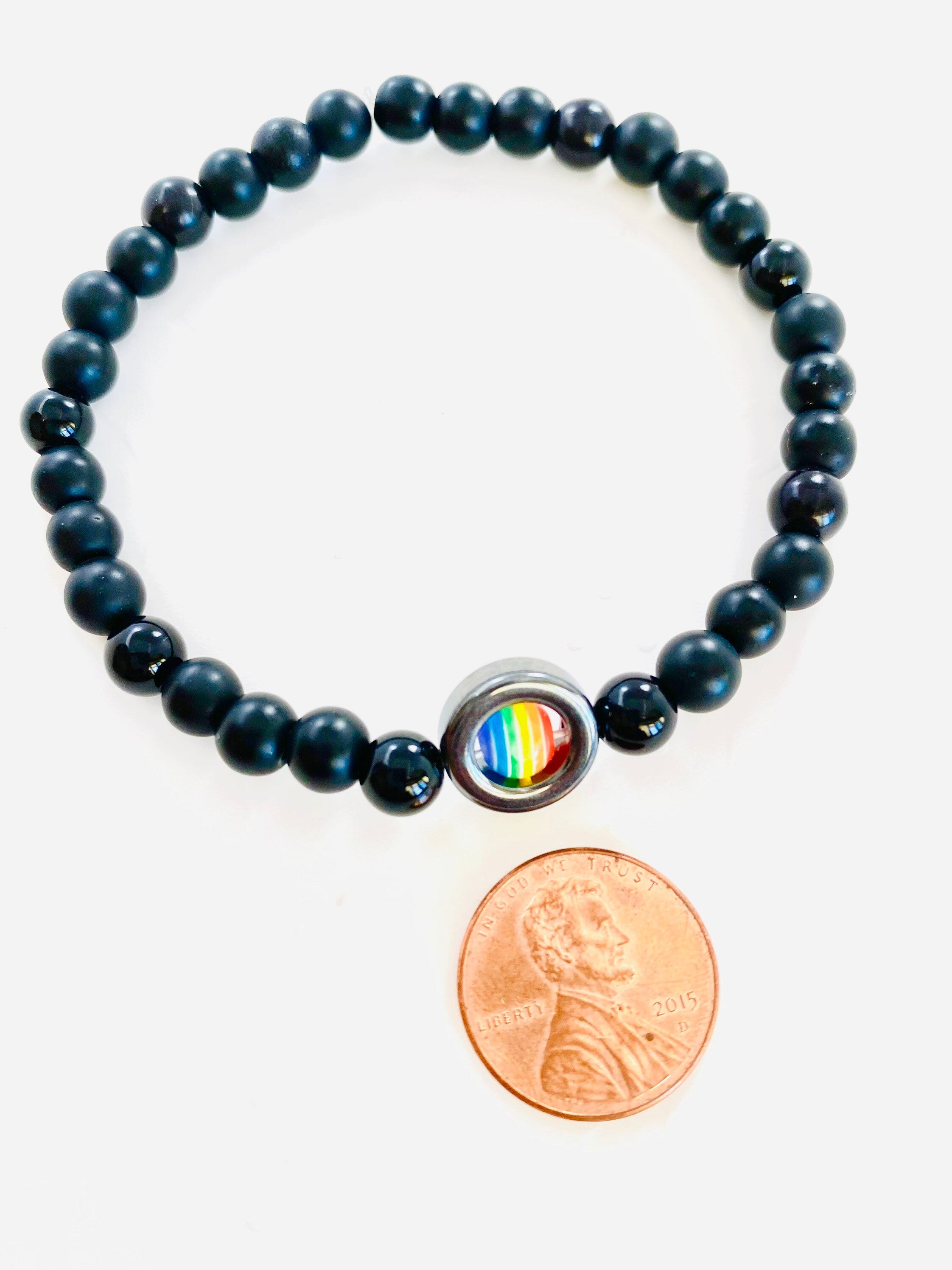 Onyx Pride Bracelet, Rainbow Resin Bead, LGBT Stretch Bracelet