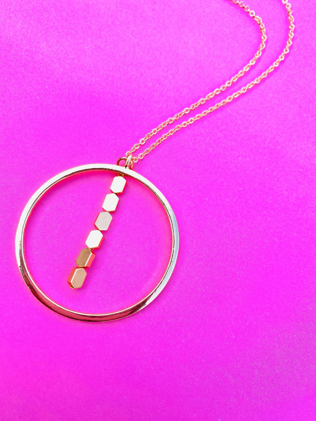 Gold Circular Pendant Necklace with Matte Hematite Beads, 30 Inch