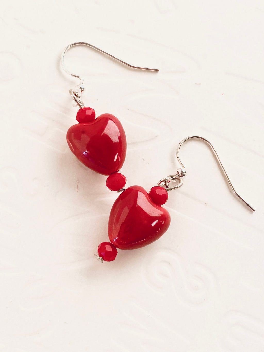 Red Glass Heart Earrings, Silver Plated Hooks, Czech Crystal Festive Jewelry