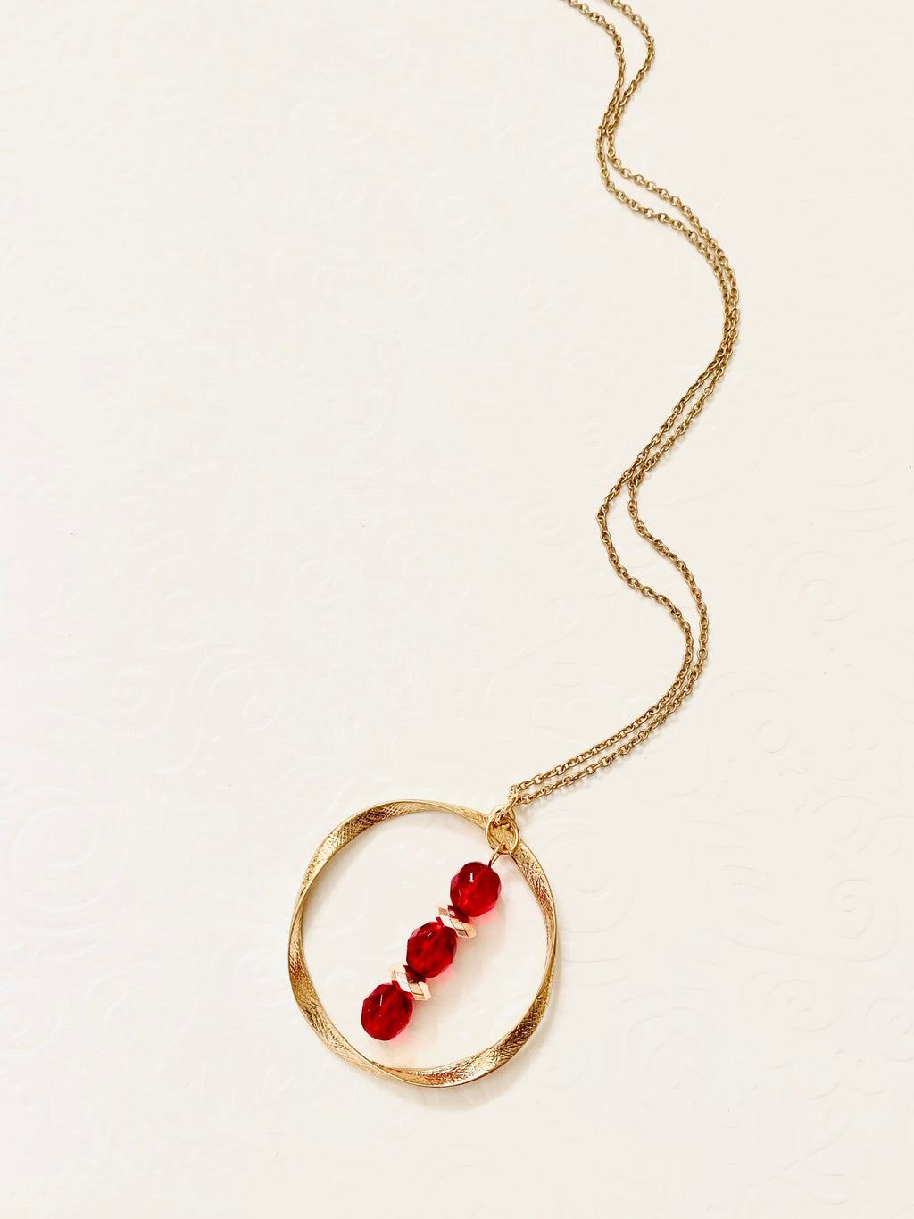 Red Crystal Gold Pendant Necklace, Circular Charm, 30 Inch Chain