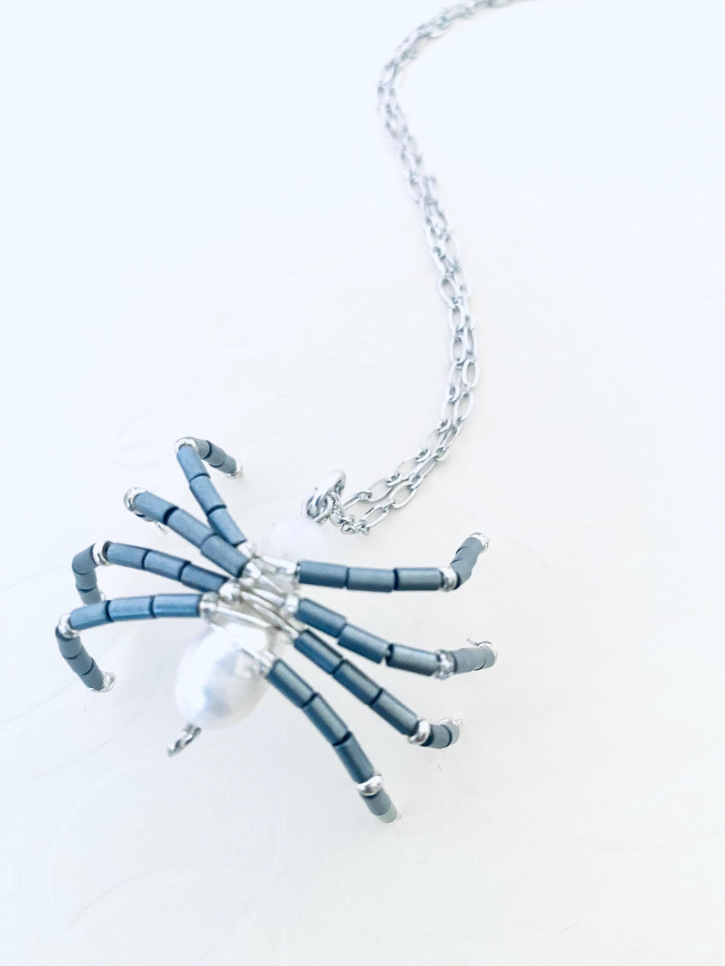 Beaded Spider Necklace, Pearl Pendant, Halloween Jewelry