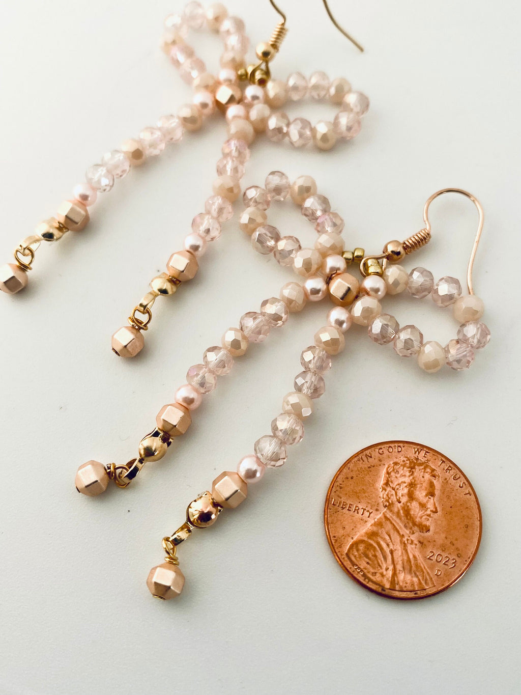 Handmade Cream Crystal Bow Earrings, Festive Gold Hooks
